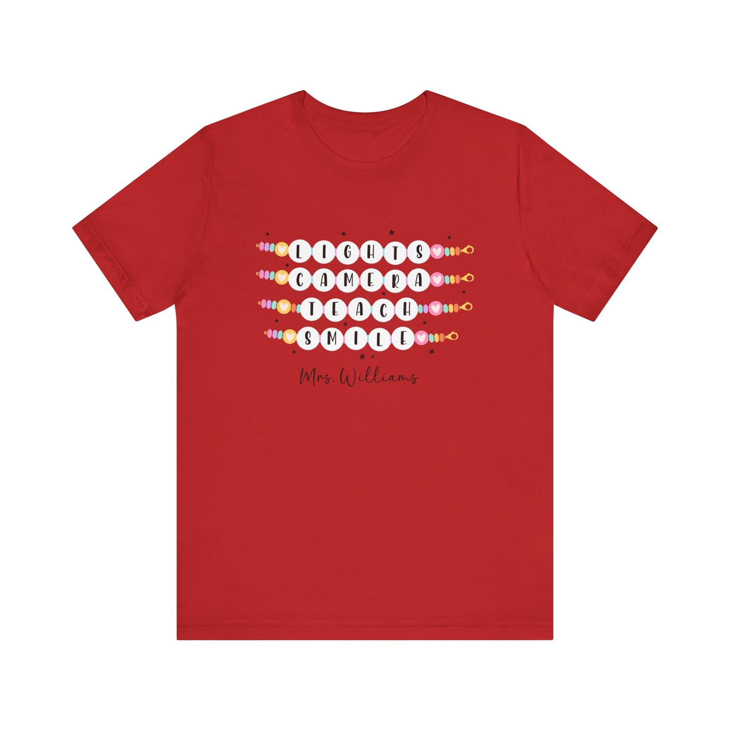 Lights Camera Teach Smile Personalized Teacher Shirt, Groovy Teacher Shirt, Teacher Friendship Bracelet Shirt Bella Canvas Shirts