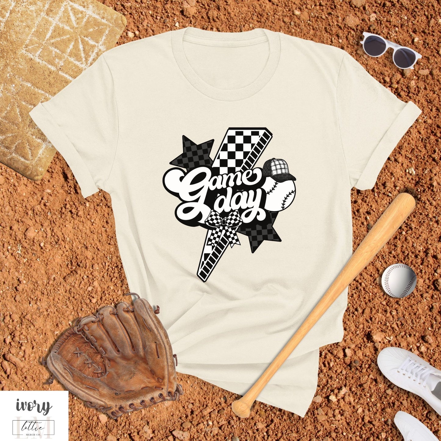 Lightning Bolt Checkered Baseball Game Day T-Shirt