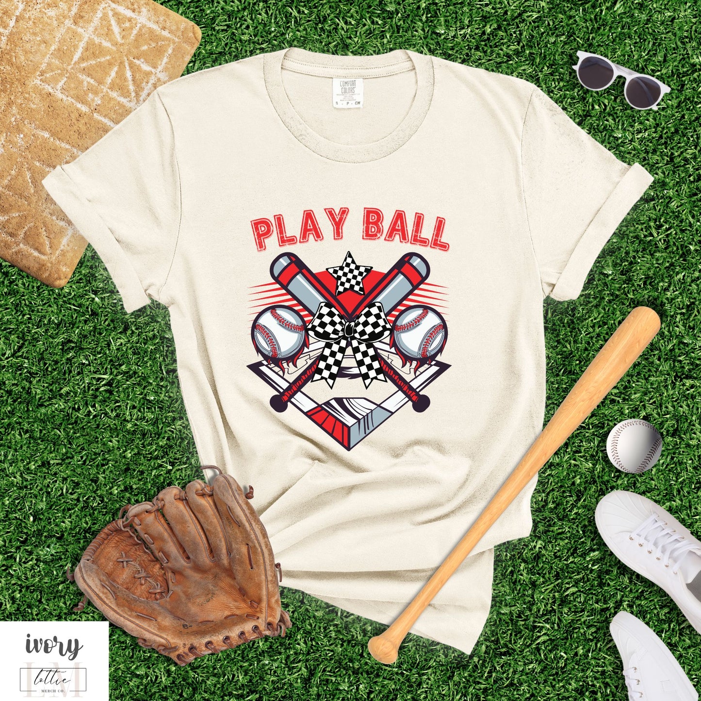Play Ball Checkered Bow T-Shirt