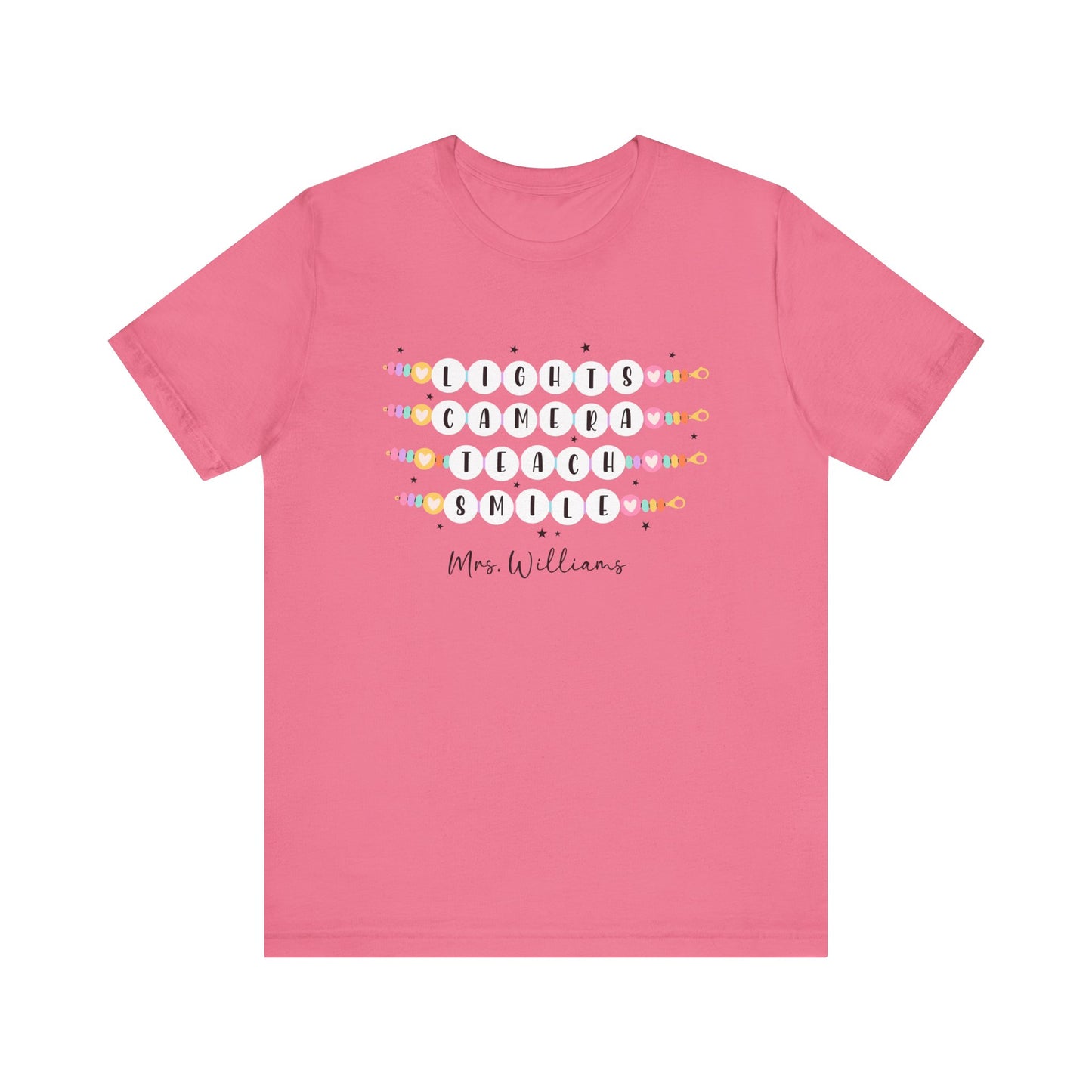 Lights Camera Teach Smile Personalized Teacher Shirt, Groovy Teacher Shirt, Teacher Friendship Bracelet Shirt Bella Canvas Shirts