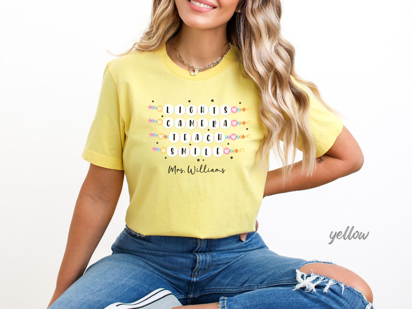 Lights Camera Teach Smile Personalized Teacher Shirt, Groovy Teacher Shirt, Teacher Friendship Bracelet Shirt Bella Canvas Shirts