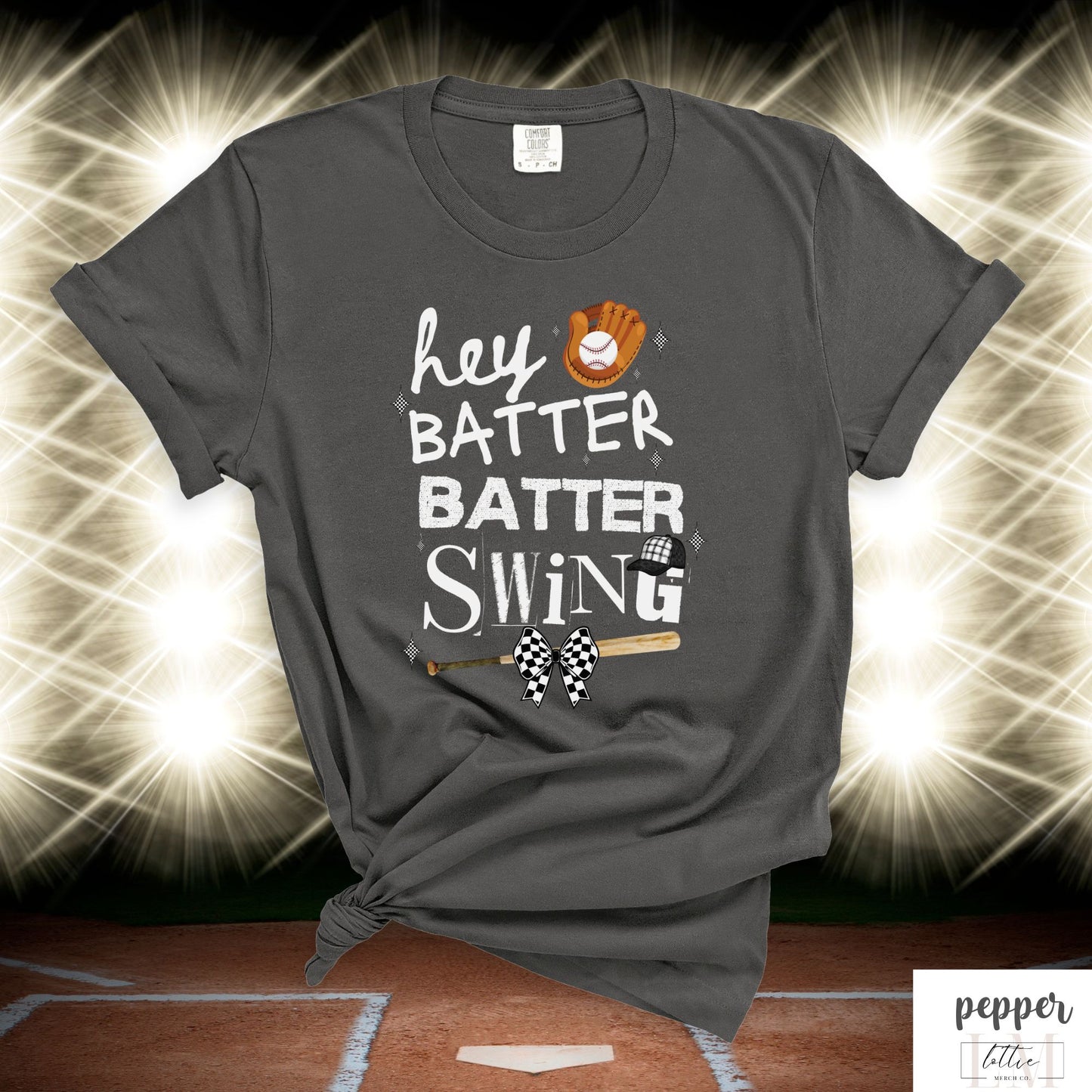 Checkered Coquette Hey Batter Baseball Letter T-Shirt