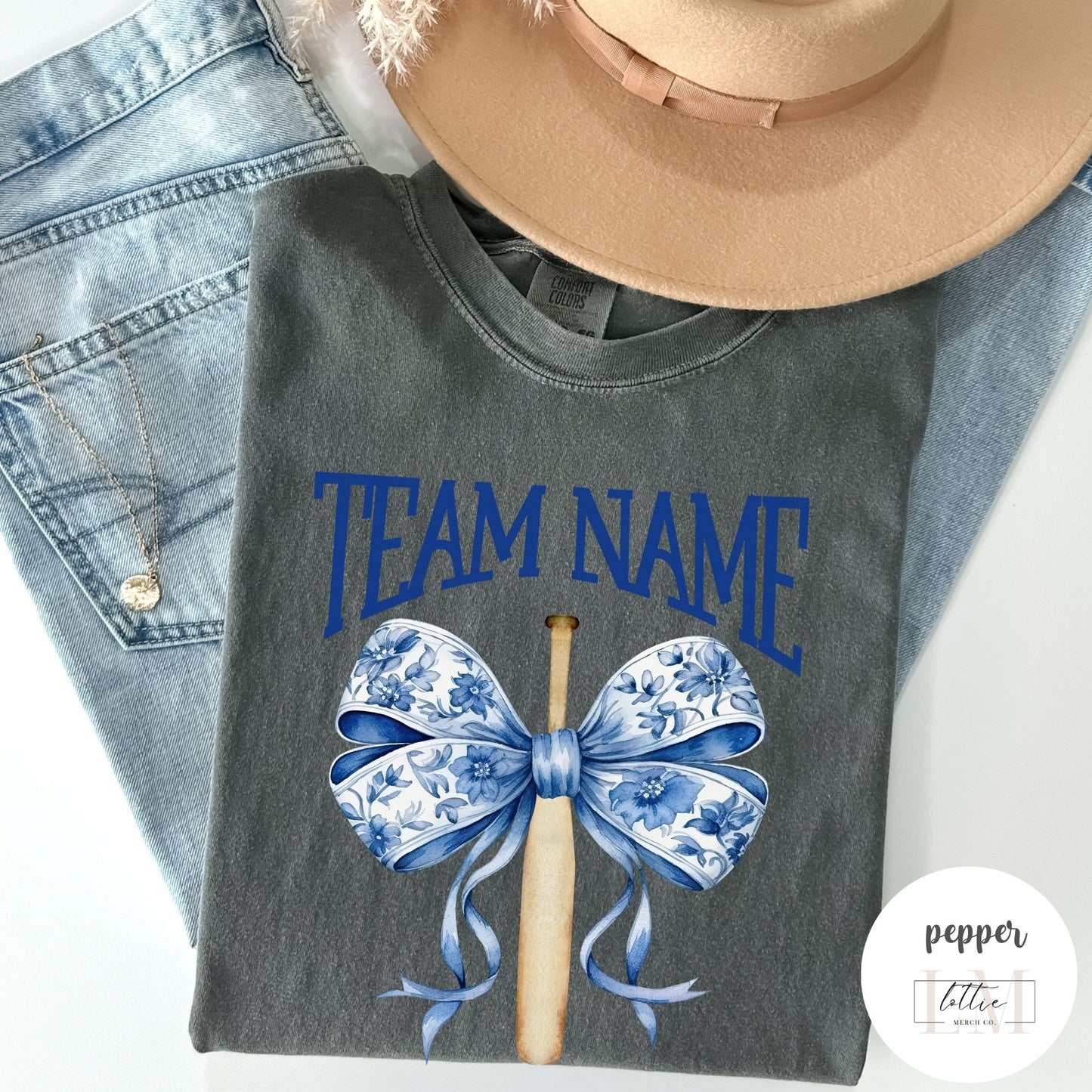 Custom Team Name Toile Baseball Mom Bow T-Shirt