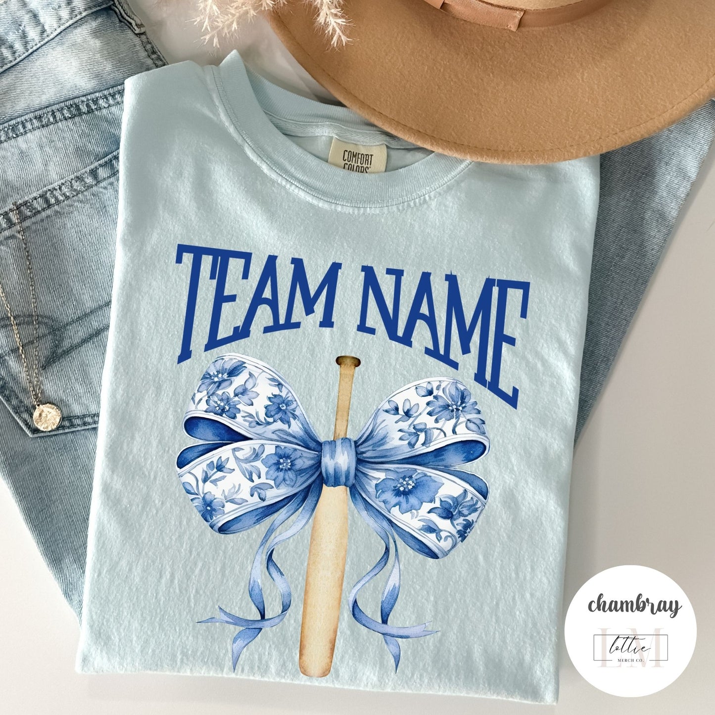 Custom Team Name Toile Baseball Mom Bow T-Shirt