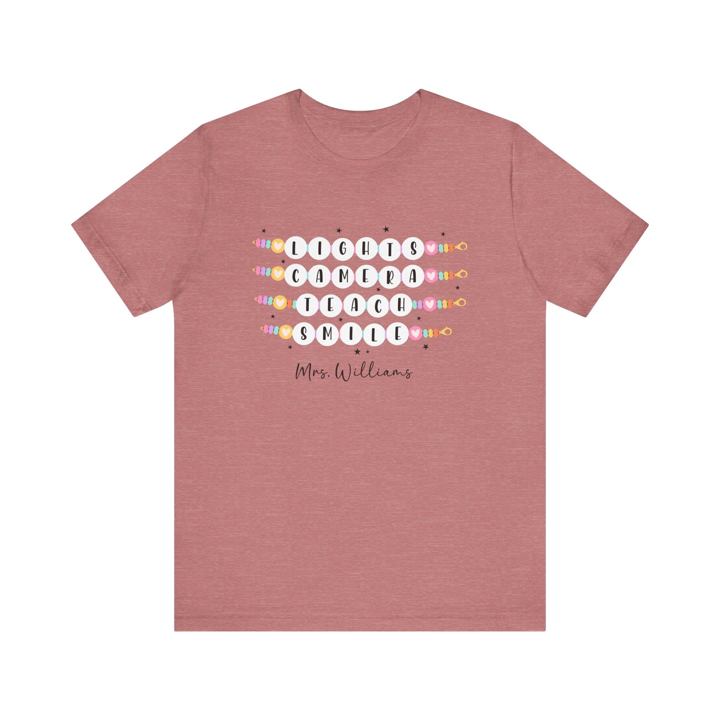 Lights Camera Teach Smile Personalized Teacher Shirt, Groovy Teacher Shirt, Teacher Friendship Bracelet Shirt Bella Canvas Shirts