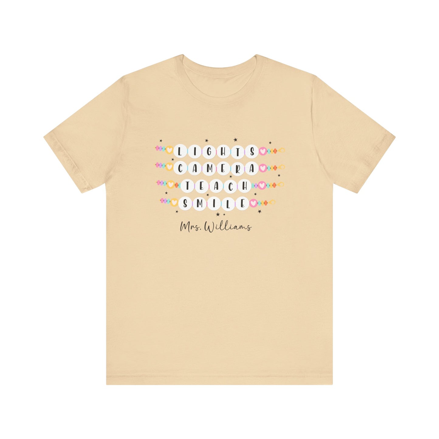 Lights Camera Teach Smile Personalized Teacher Shirt, Groovy Teacher Shirt, Teacher Friendship Bracelet Shirt Bella Canvas Shirts