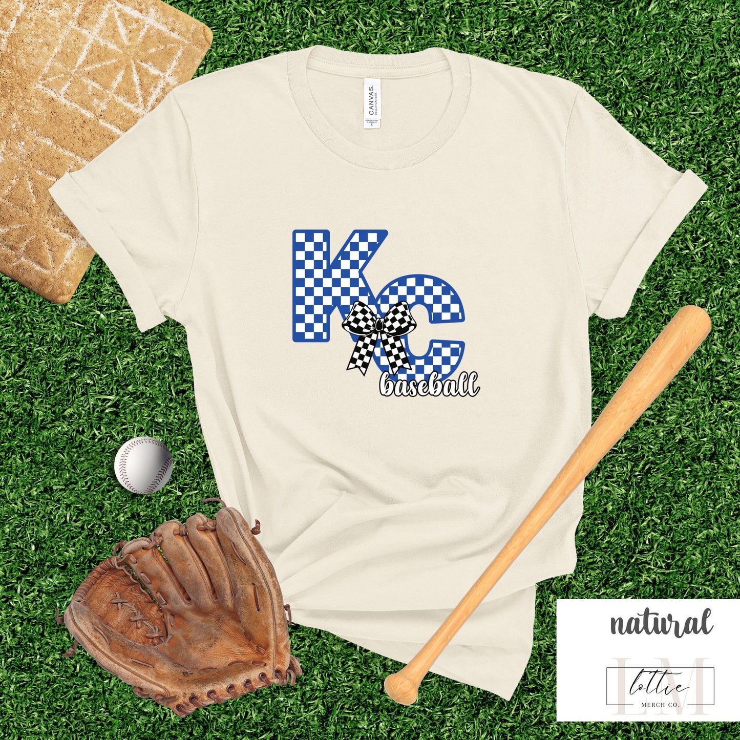 Women's Coquette Checkered KC Letter Baseball T-shirt