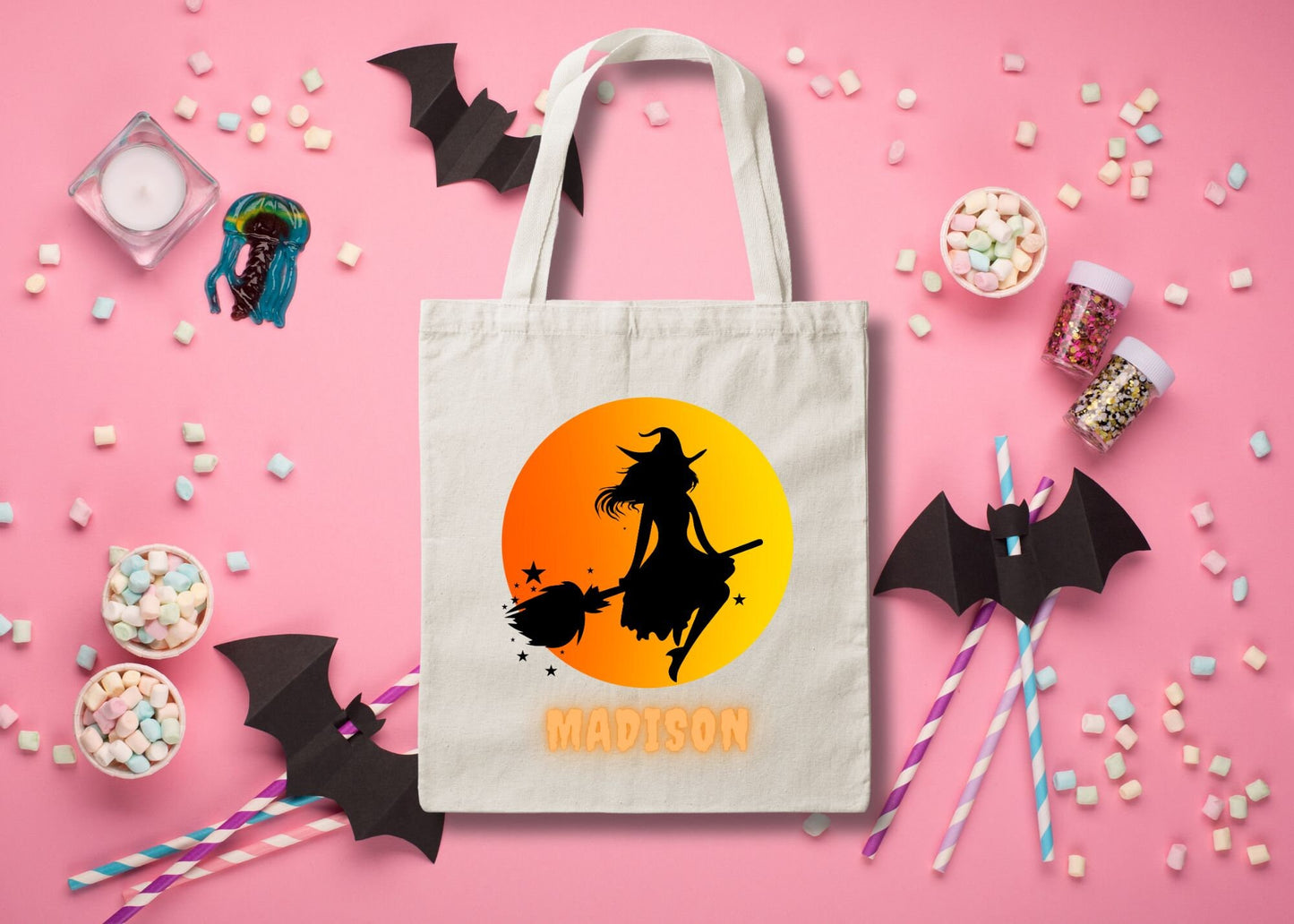 Kids Personalized Halloween Trick or Treat Canvas Tote Bag, Witch Girly Custom Trick or Treat Bag, Halloween Bags for Kids Gift, Candy Bags