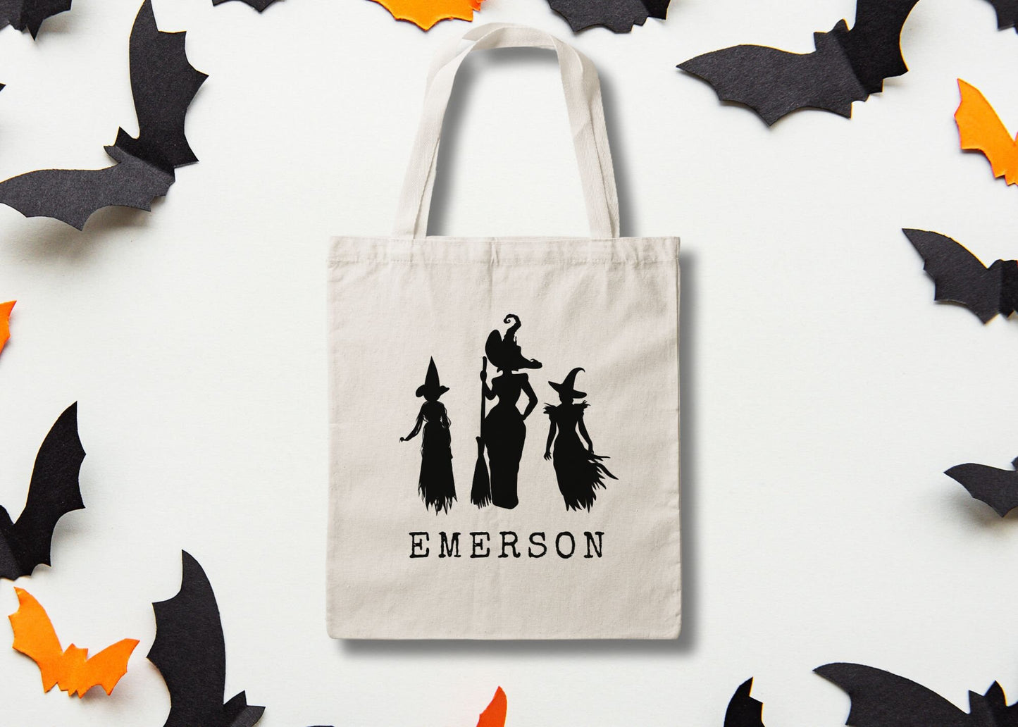 Witches Personalized Halloween Trick or Treat Canvas Tote Bag, Halloween Bags for Kids, Halloween Candy Tote Bags, Name Trick or Treat Bag
