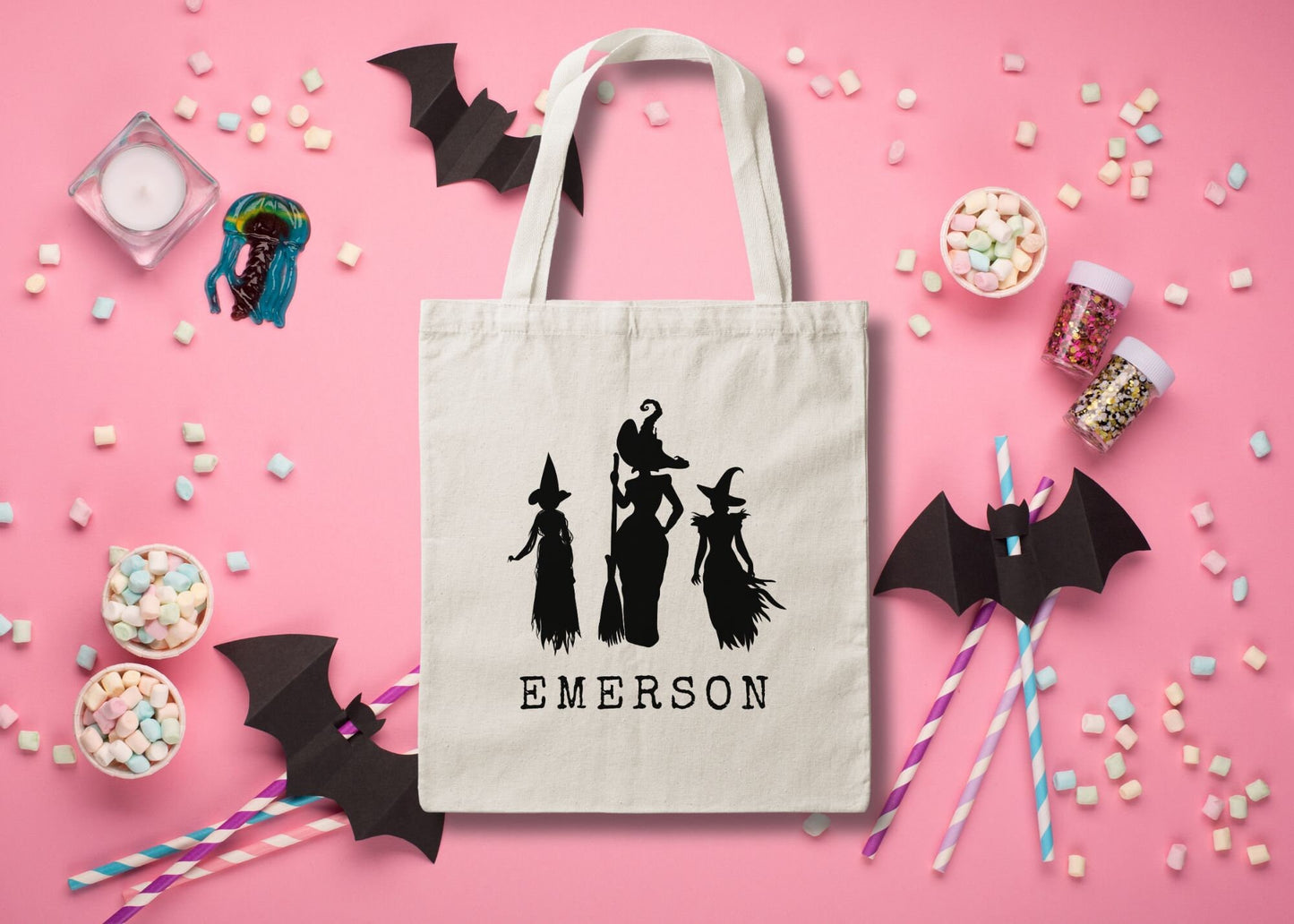 Witches Personalized Halloween Trick or Treat Canvas Tote Bag, Halloween Bags for Kids, Halloween Candy Tote Bags, Name Trick or Treat Bag