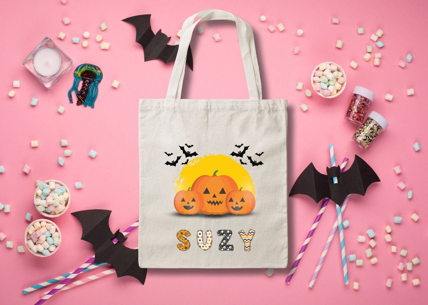 Pumpkin Personalized Halloween Trick or Treat Canvas Tote Bag