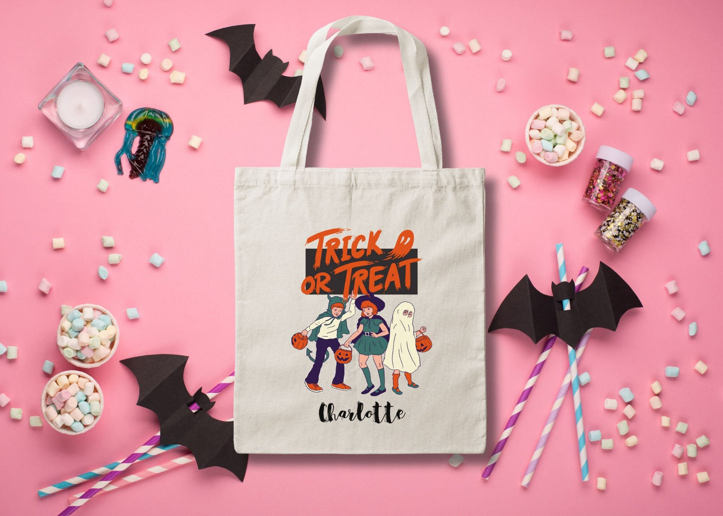 Personalized Halloween Trick or Treat Canvas Tote Bag, Halloween Bags for Kids, Candy Tote Bags, Halloween Tote Bag, Ghost Treat Bag