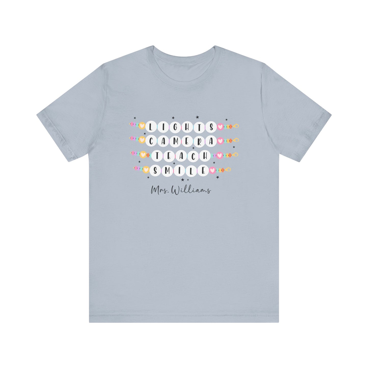 Lights Camera Teach Smile Personalized Teacher Shirt, Groovy Teacher Shirt, Teacher Friendship Bracelet Shirt Bella Canvas Shirts