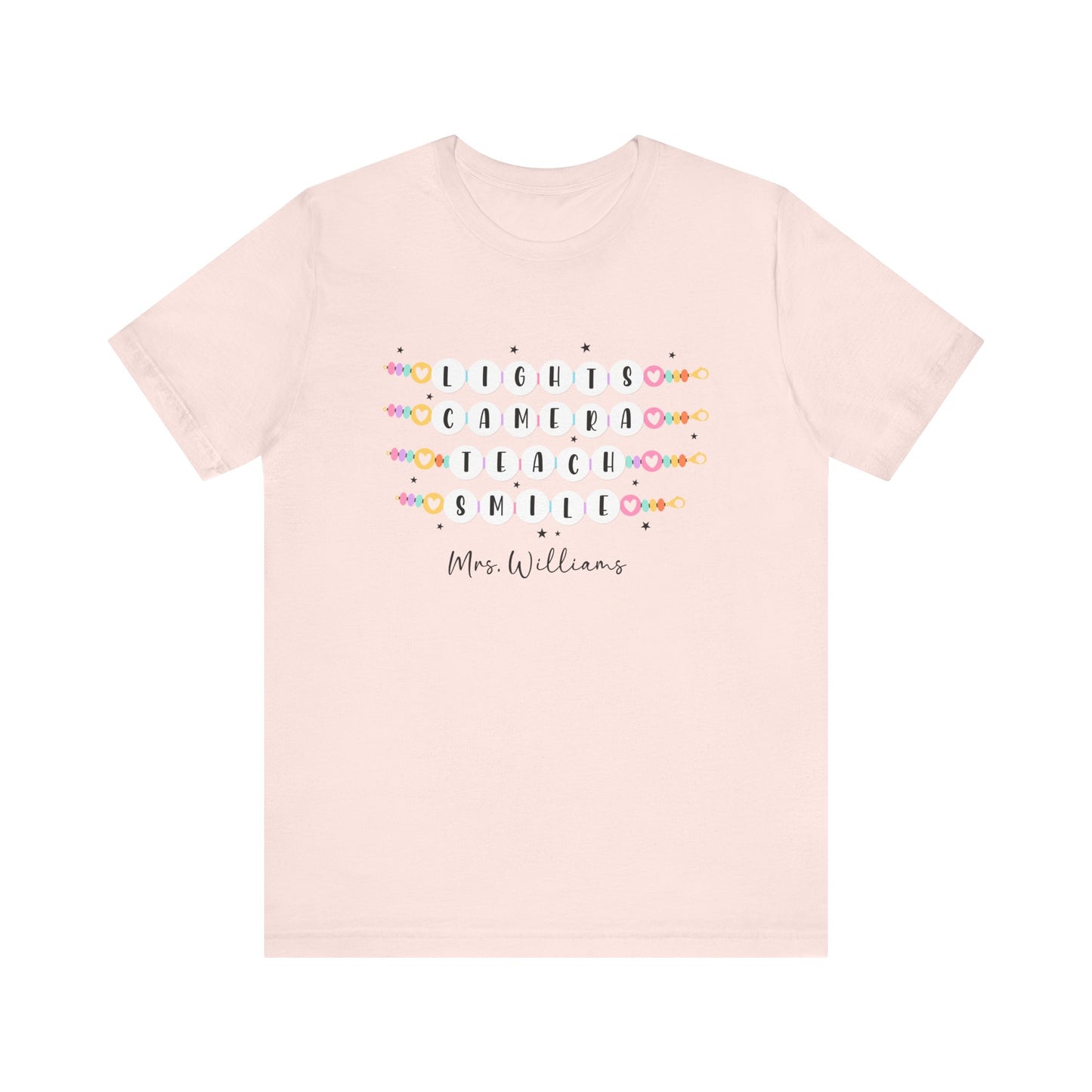 Lights Camera Teach Smile Personalized Teacher Shirt, Groovy Teacher Shirt, Teacher Friendship Bracelet Shirt Bella Canvas Shirts