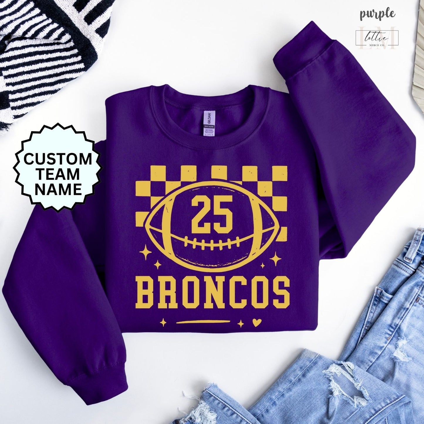 Broncos Checkered Custom Number Adult Sweatshirt