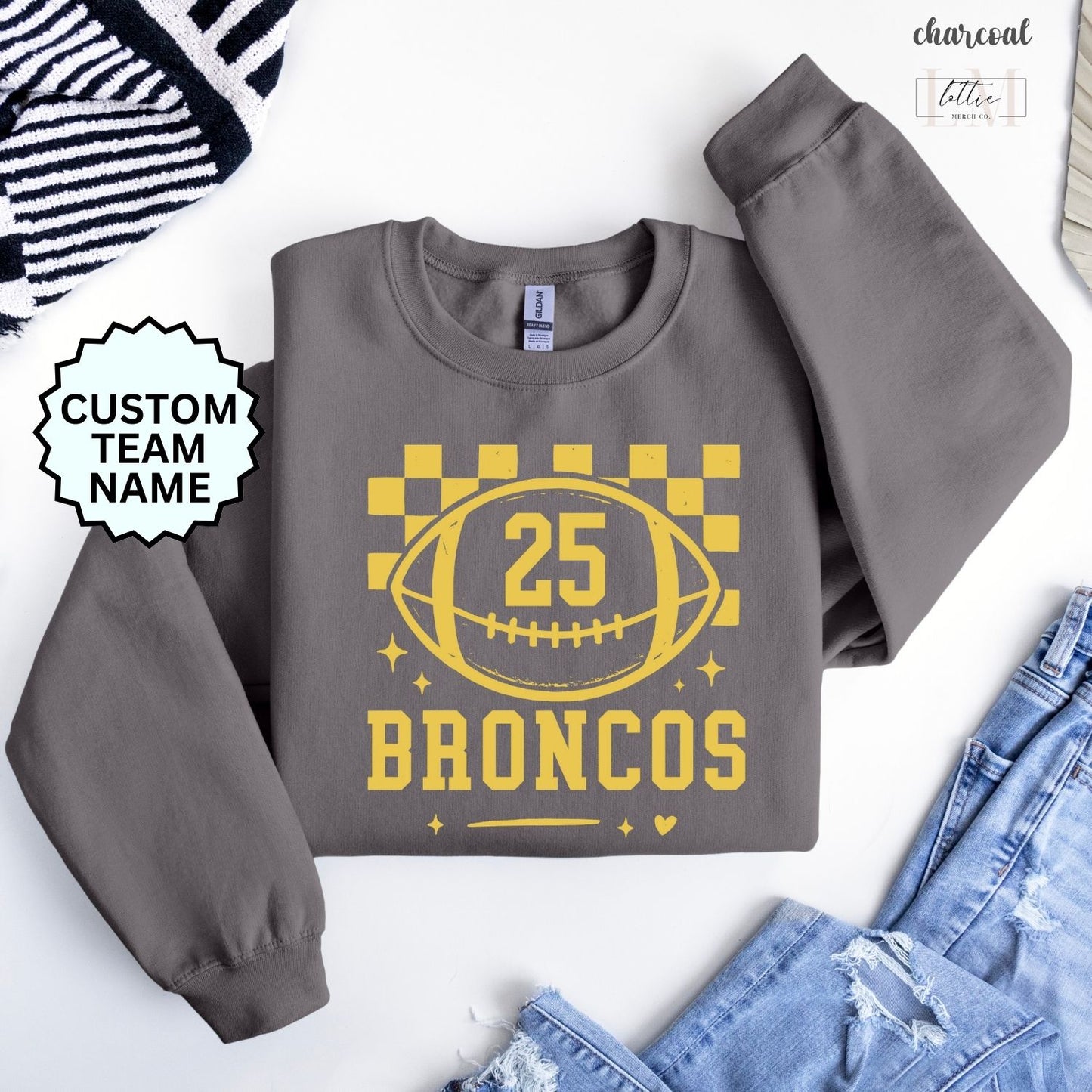 Broncos Checkered Custom Number Adult Sweatshirt