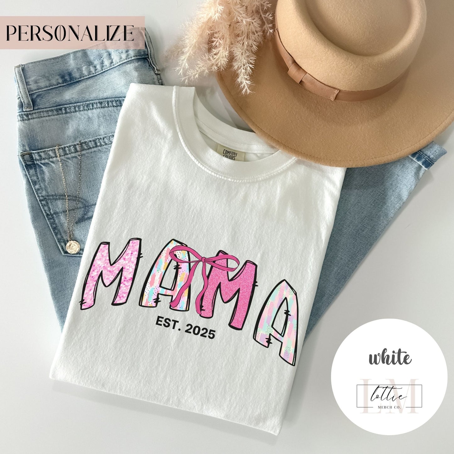 Coquette Glitter Mama Est 2025 T-Shirt