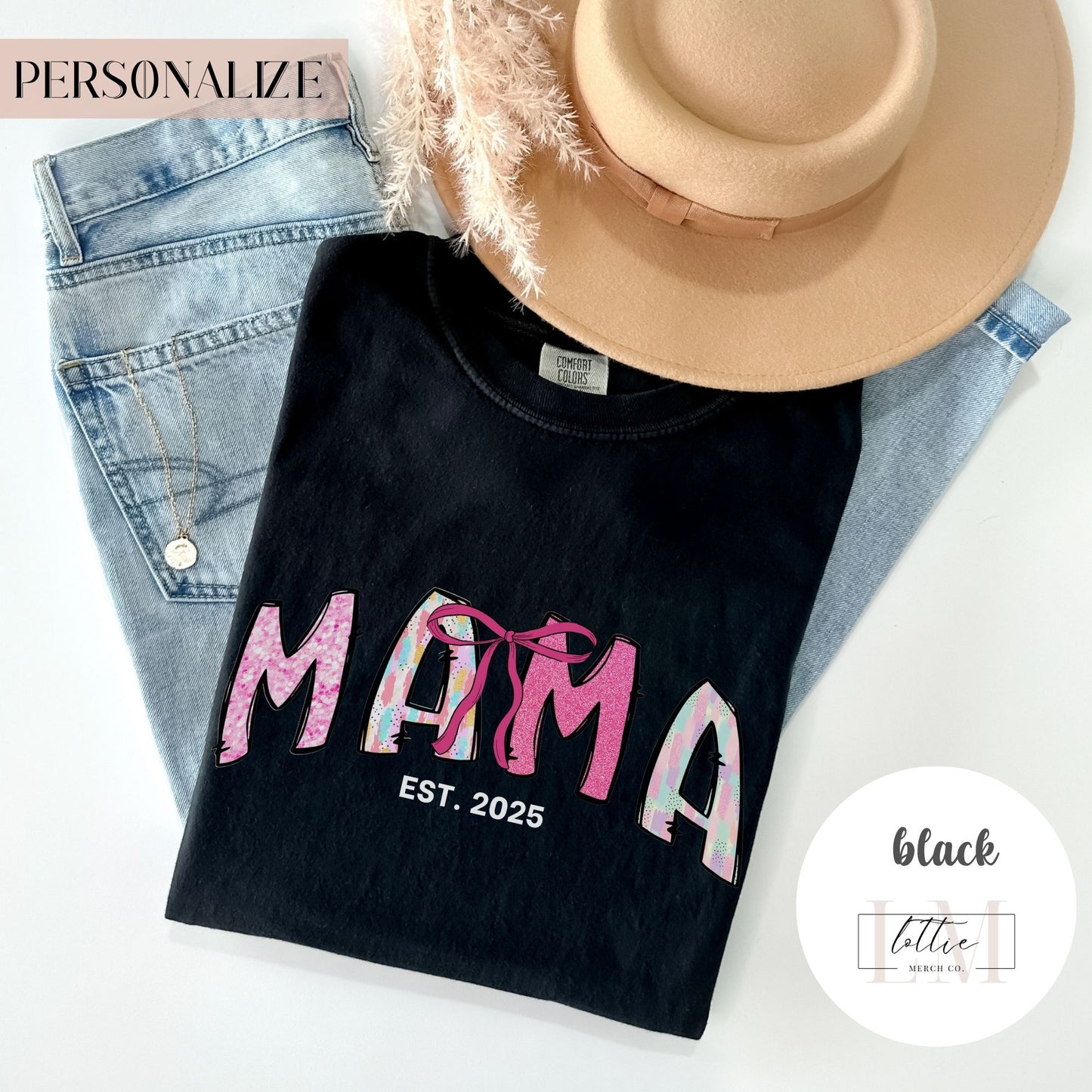 Coquette Glitter Mama Est 2025 T-Shirt