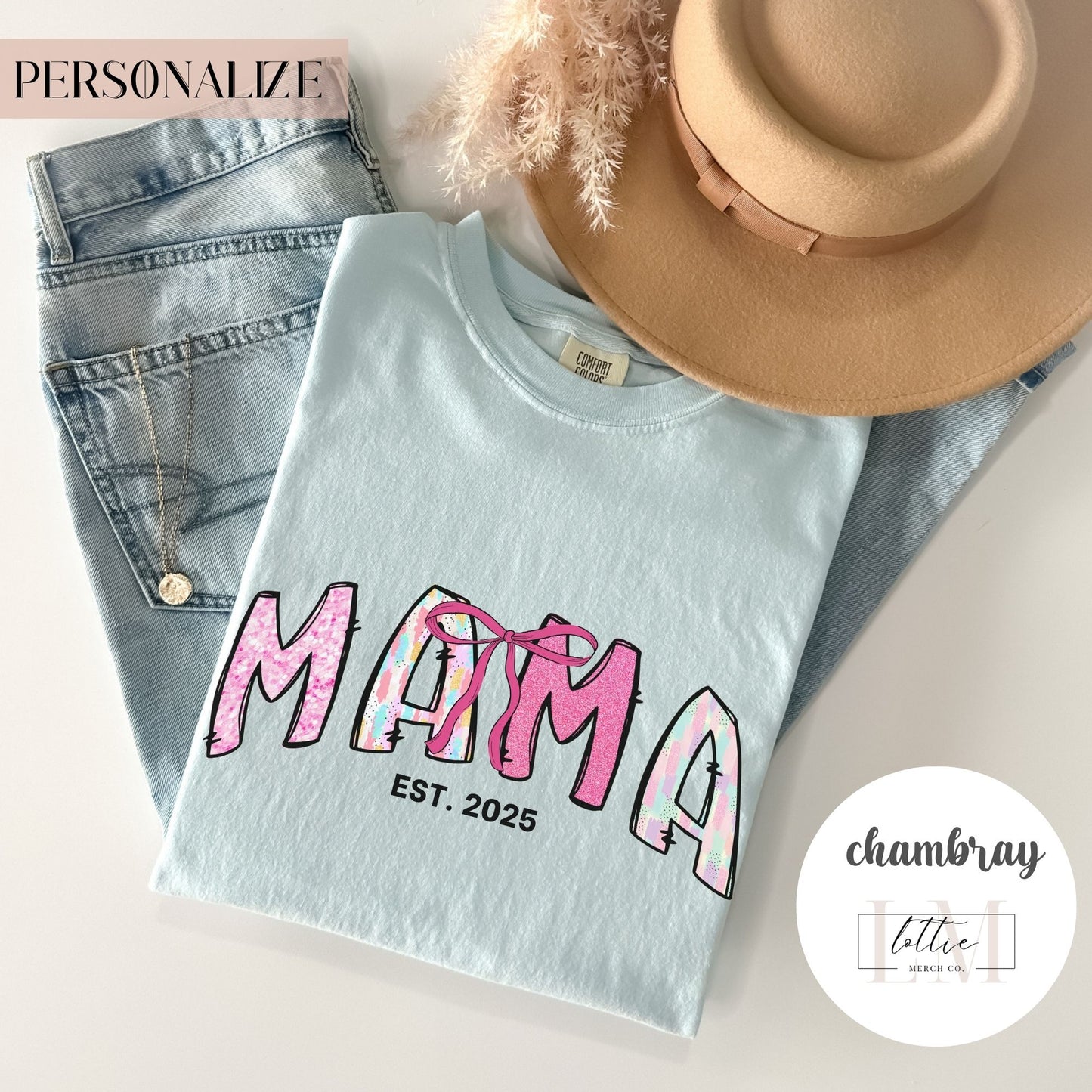 Coquette Glitter Mama Est 2025 T-Shirt