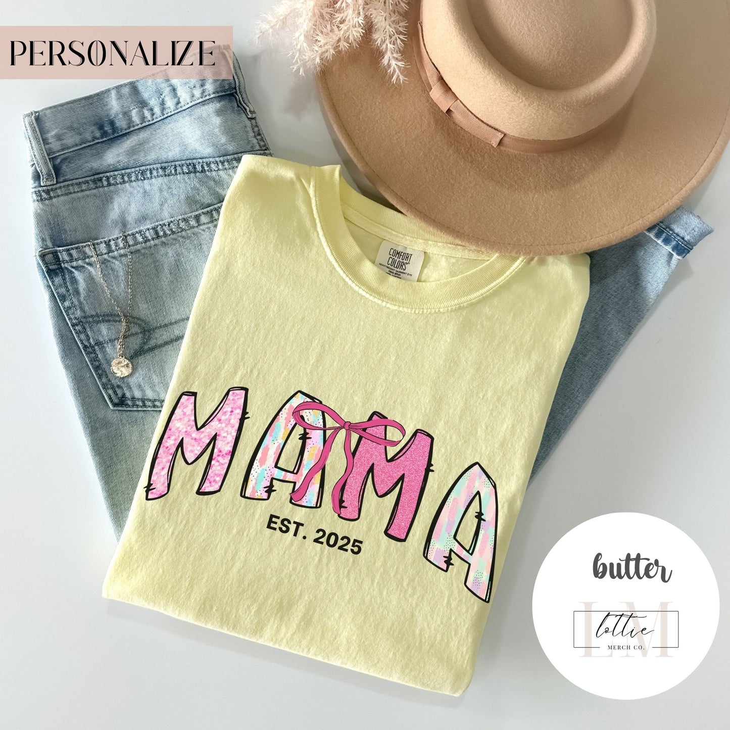 Coquette Glitter Mama Est 2025 T-Shirt