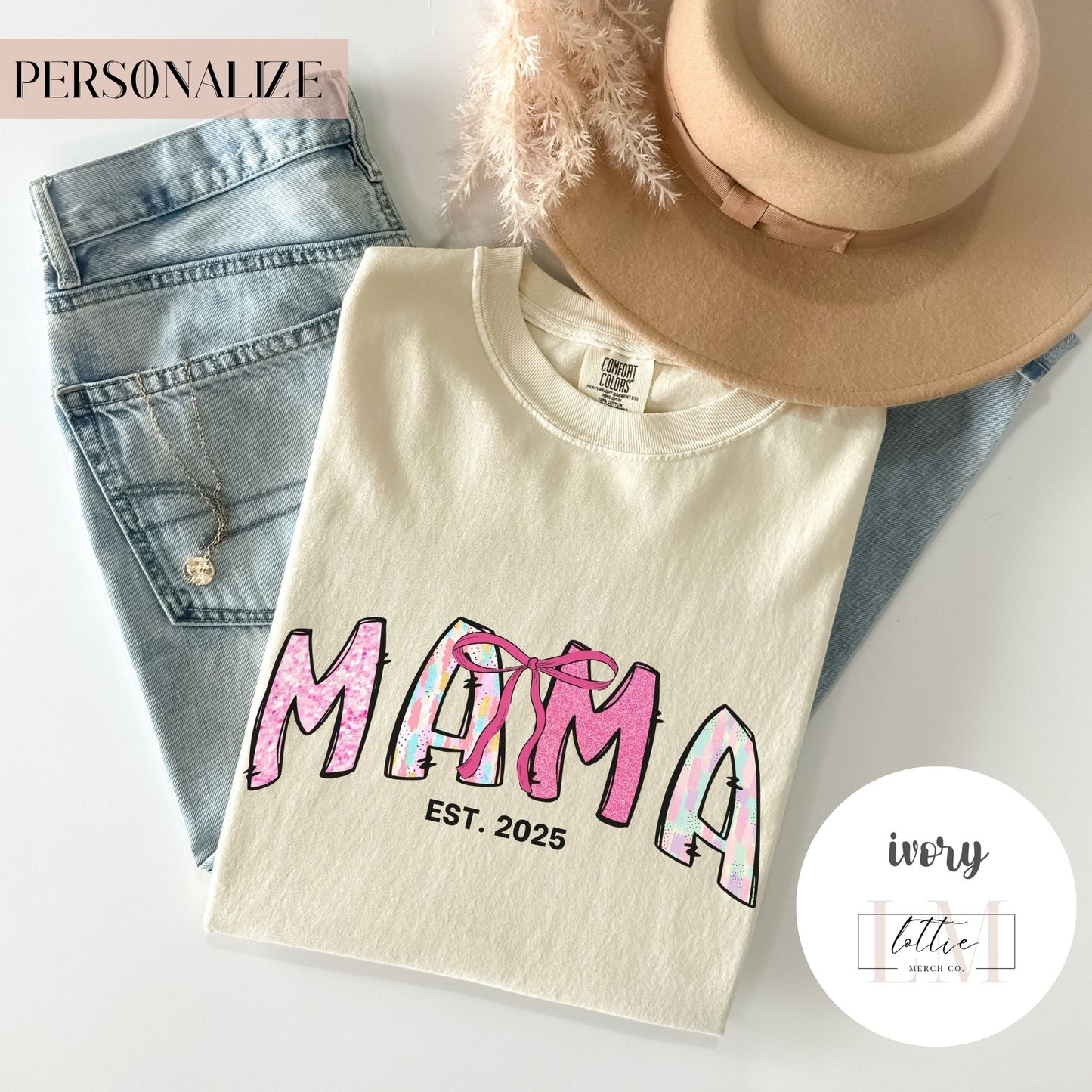 Coquette Glitter Mama Est 2025 T-Shirt