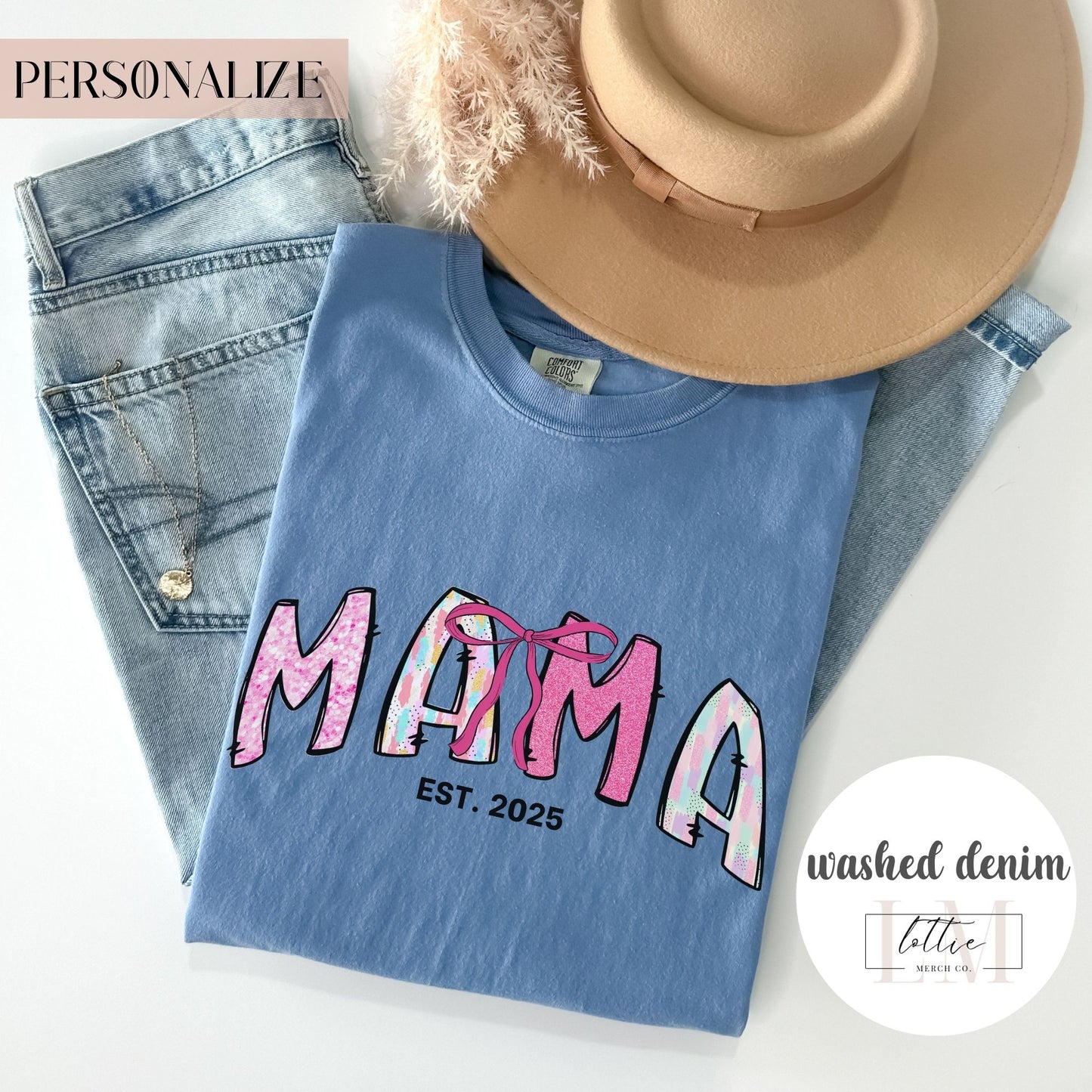 Coquette Glitter Mama Est 2025 T-Shirt