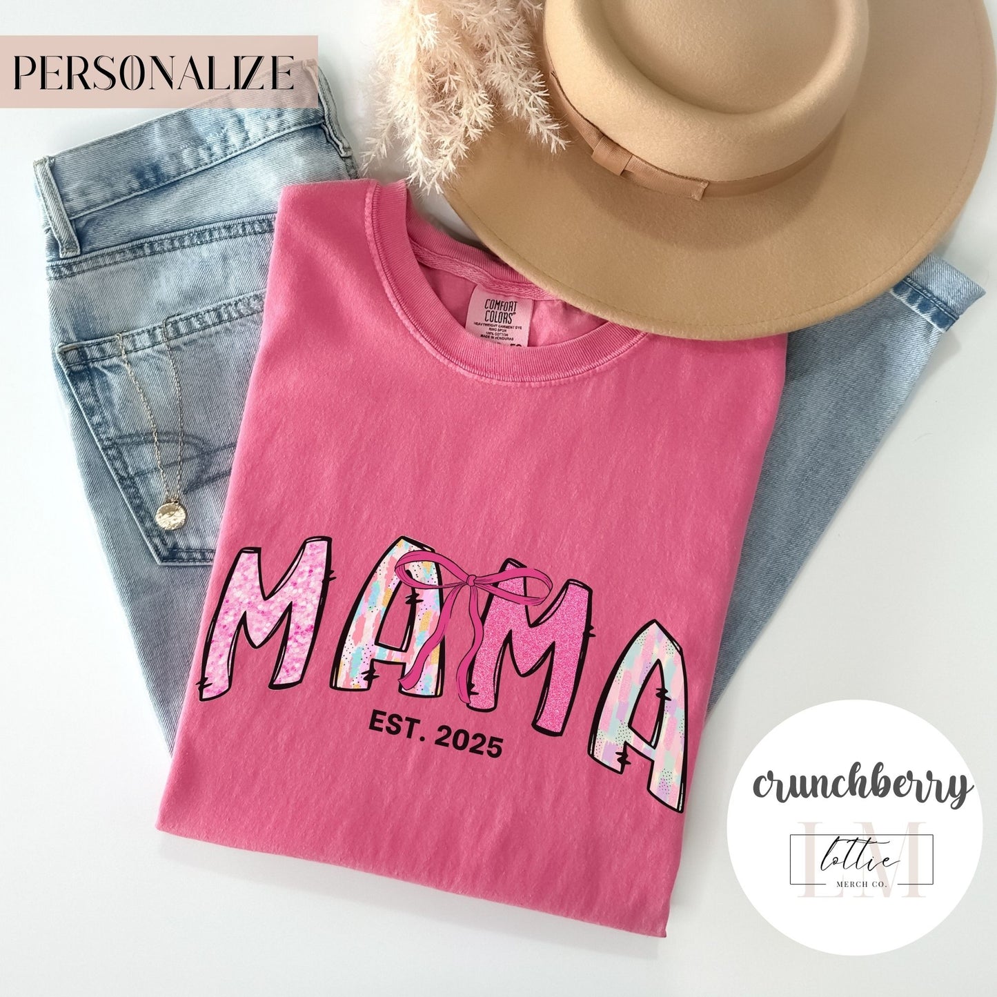 Coquette Glitter Mama Est 2025 T-Shirt