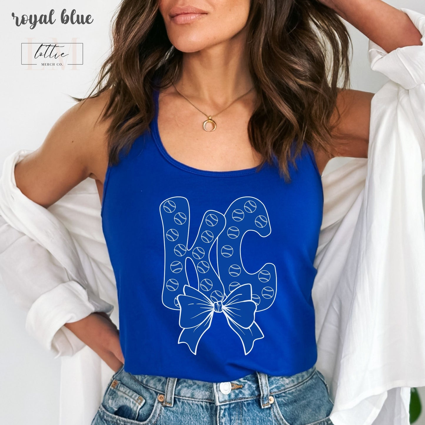 Coquette KC Bubble Letter Kansas City Baseball Women's Racerback Tank, Kansas City Baseball Tank Top, KC Baseball T-shirt