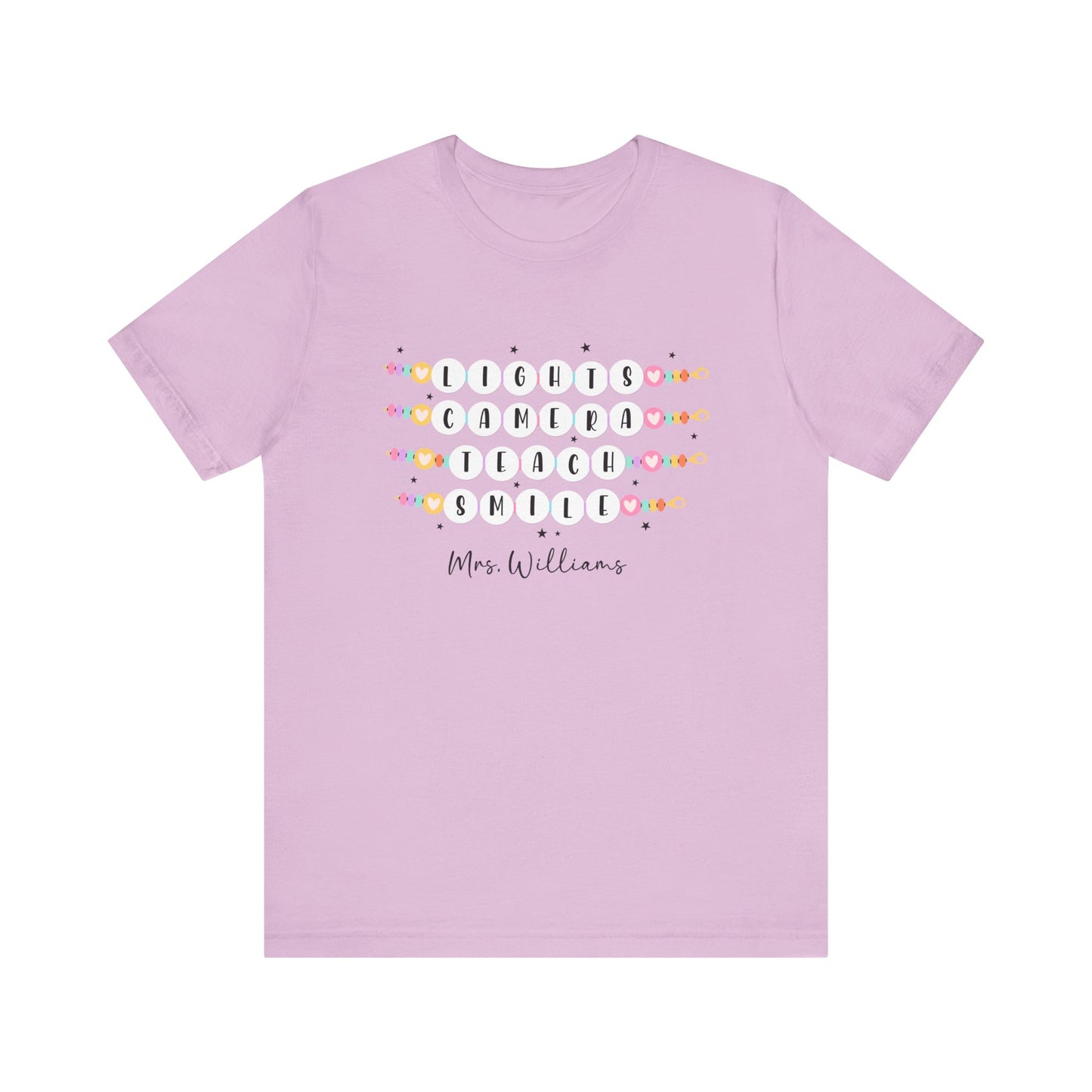 Lights Camera Teach Smile Personalized Teacher Shirt, Groovy Teacher Shirt, Teacher Friendship Bracelet Shirt Bella Canvas Shirts