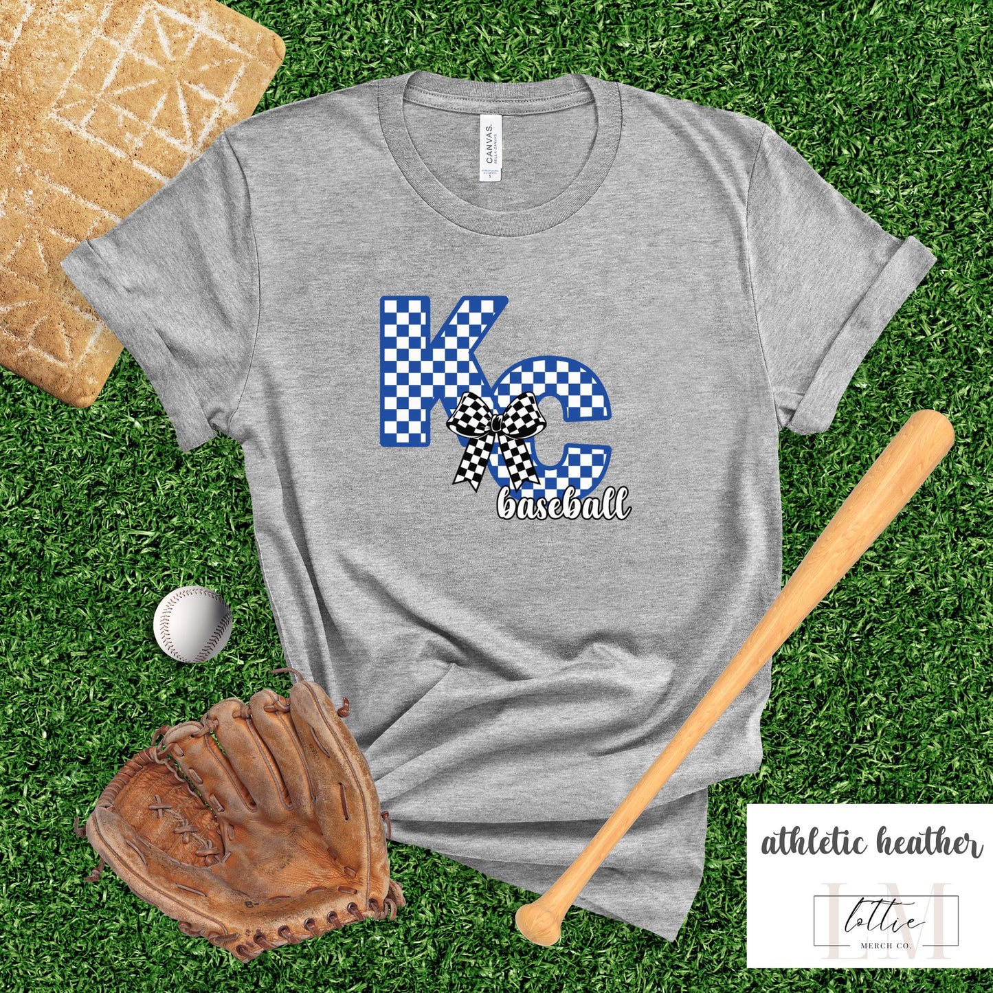 Women's Coquette Checkered KC Letter Baseball T-shirt