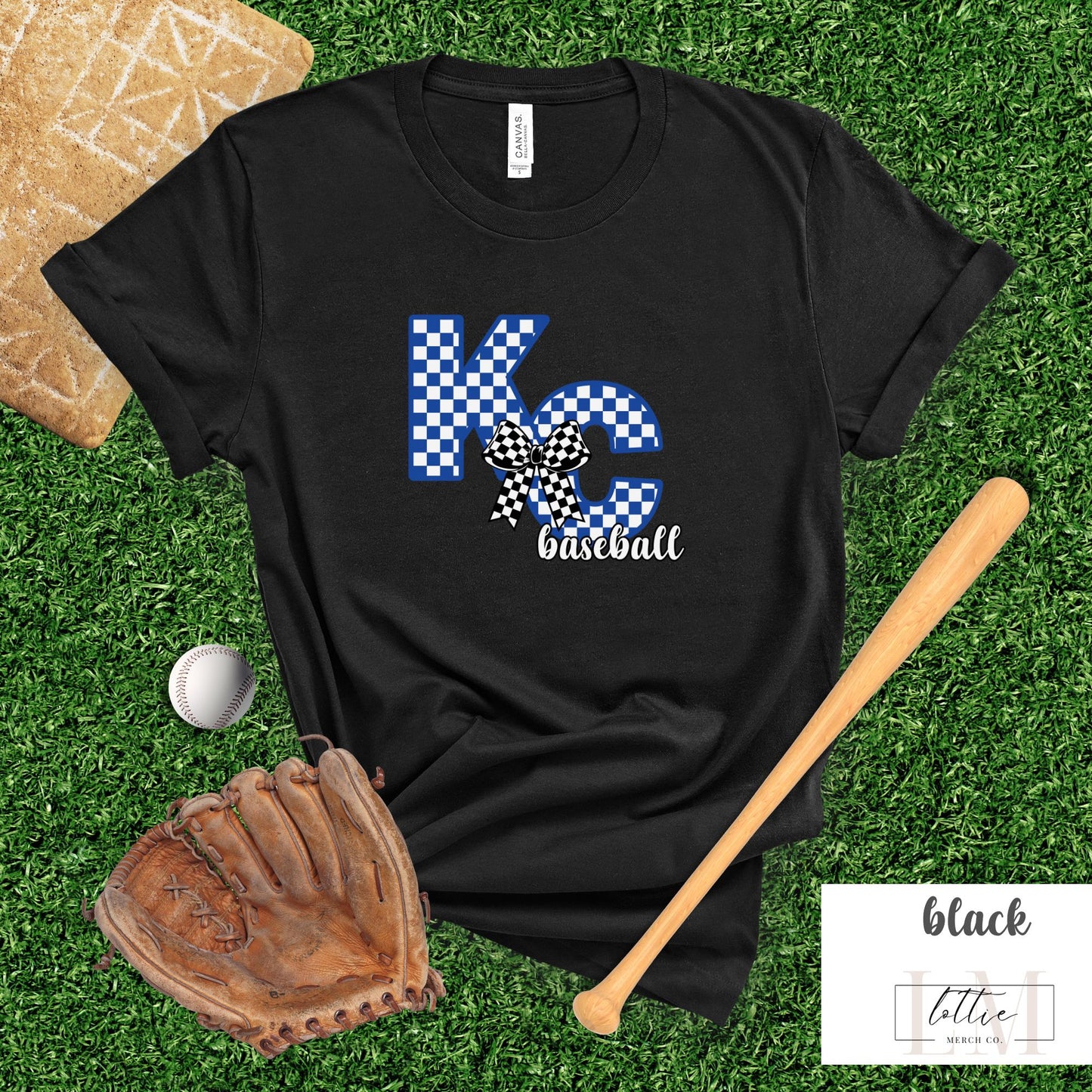 Women's Coquette Checkered KC Letter Baseball T-shirt