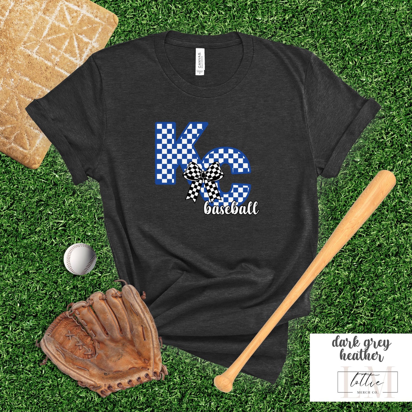 Women's Coquette Checkered KC Letter Baseball T-shirt