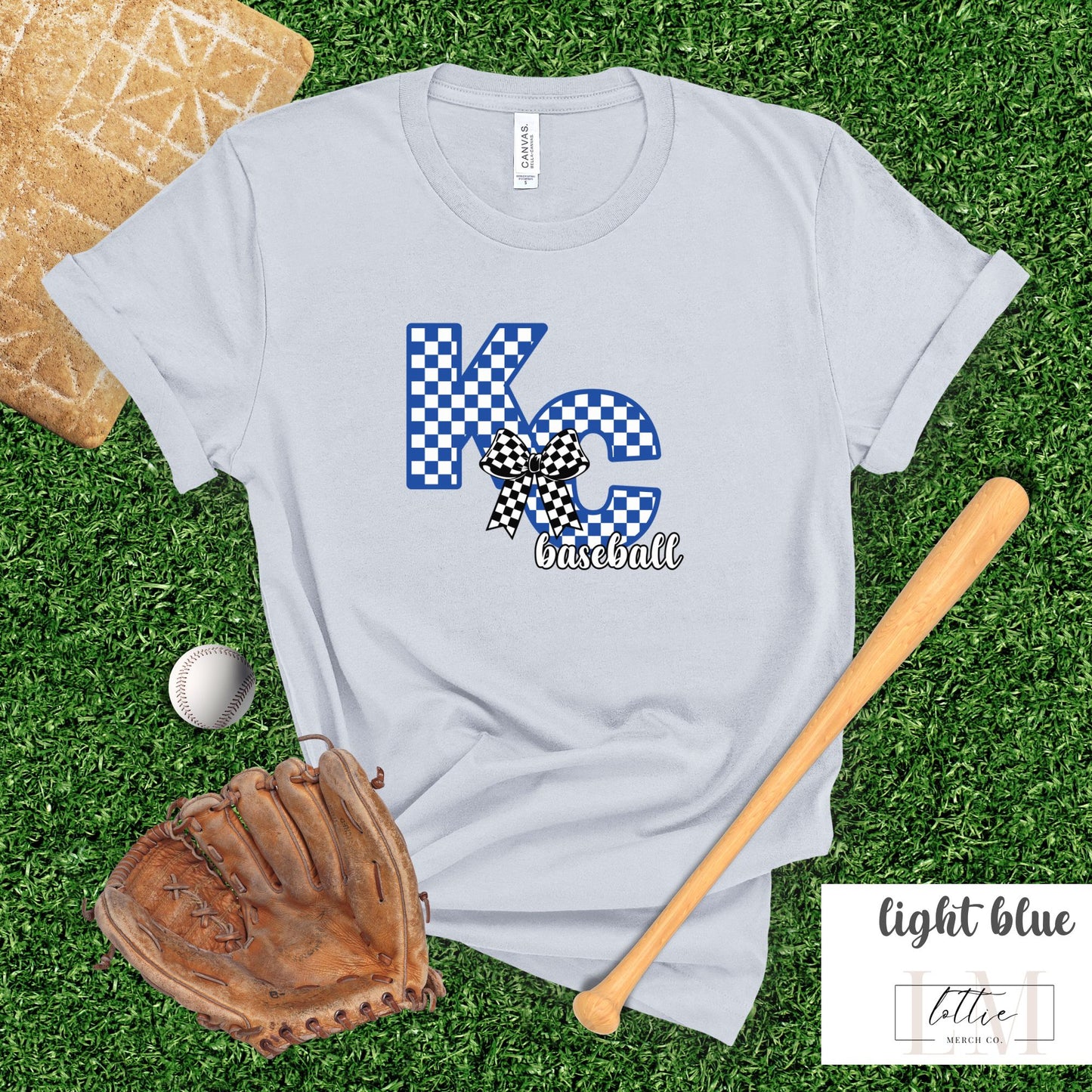 Women's Coquette Checkered KC Letter Baseball T-shirt