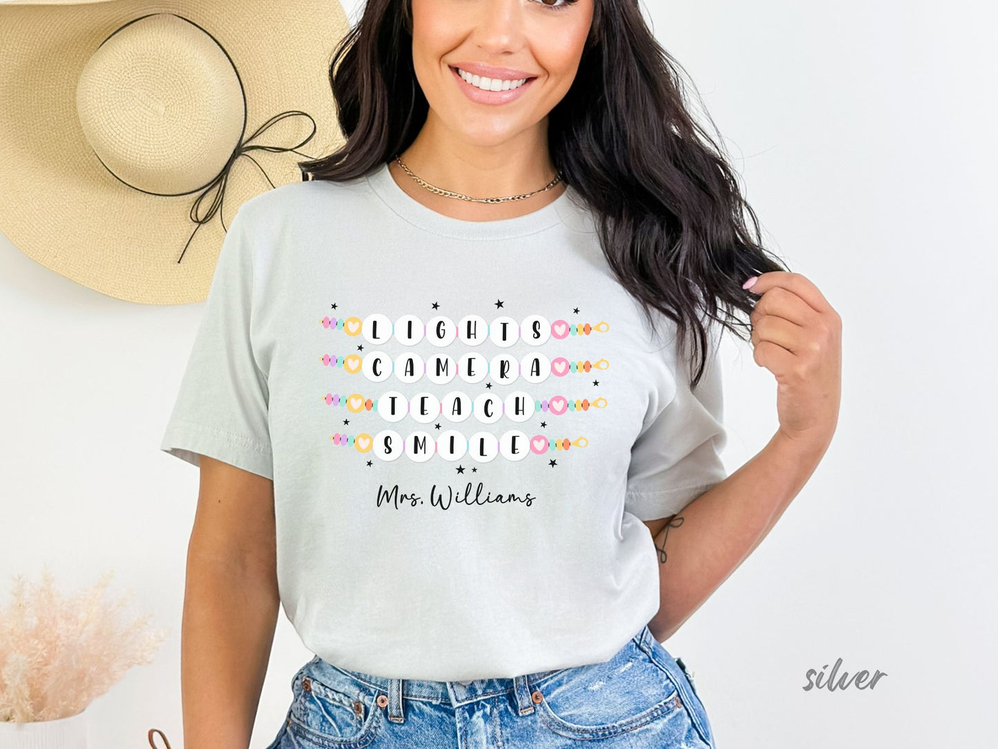 Lights Camera Teach Smile Personalized Teacher Shirt, Groovy Teacher Shirt, Teacher Friendship Bracelet Shirt Bella Canvas Shirts