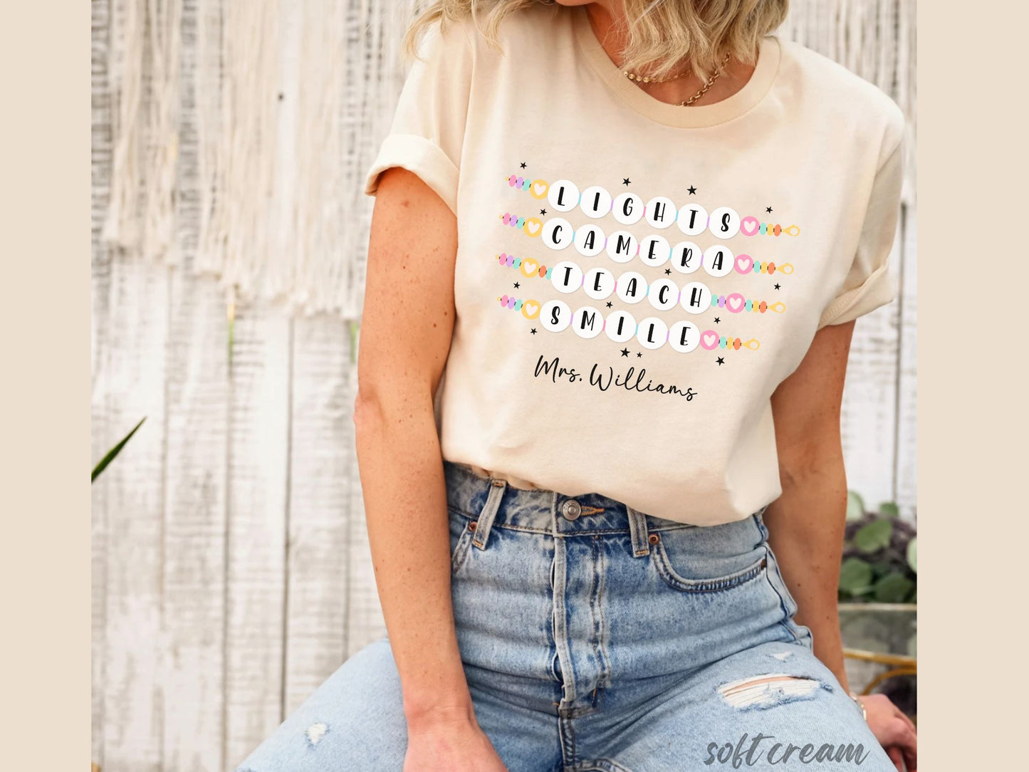 Lights Camera Teach Smile Personalized Teacher Shirt, Groovy Teacher Shirt, Teacher Friendship Bracelet Shirt Bella Canvas Shirts