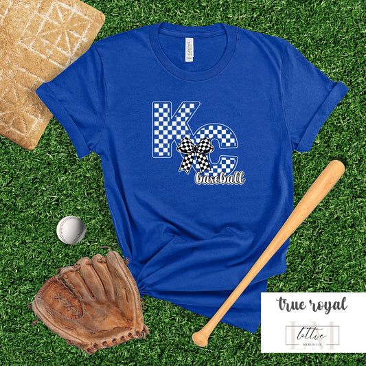 Women's Coquette Checkered KC Letter Baseball T-shirt