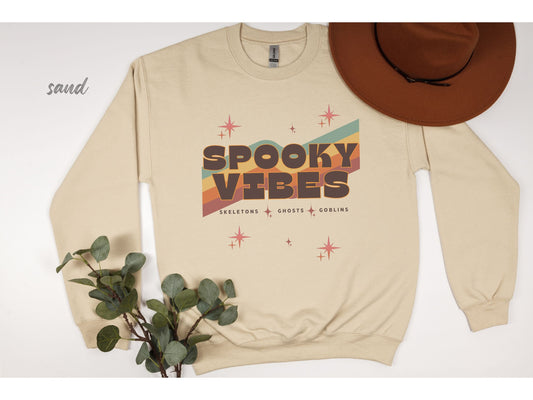 Spooky Vibes Sweatshirt | Cute Fall Sweatshirt for Women | Retro Groovy Sweatshirt Halloween | Ghosts Goblins Skeletons Spooky Season Shirt