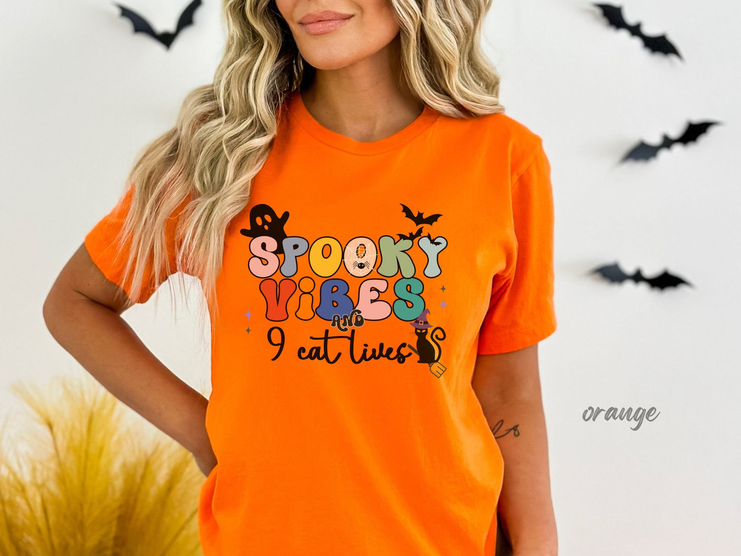 Spooky Vibes & 9 Cat Lives Tshirt | Funny Halloween Tshirt | Spooky Vibes Only Shirt | Halloween Women's Shirt | Fall Shirt Halloween Party