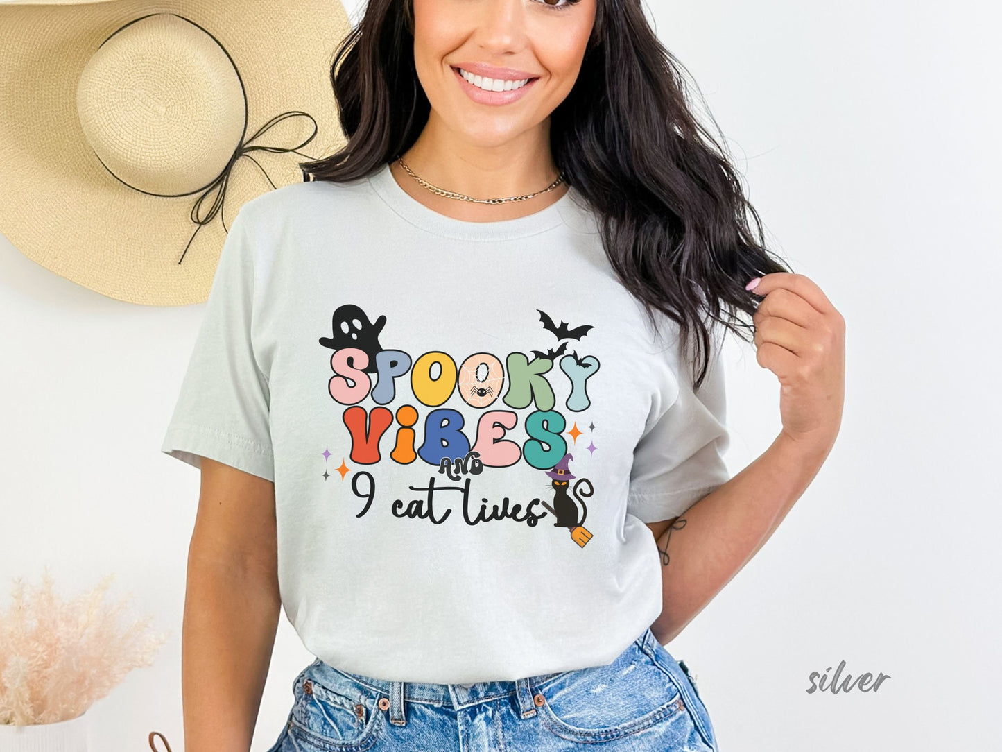 Spooky Vibes & 9 Cat Lives Tshirt | Funny Halloween Tshirt | Spooky Vibes Only Shirt | Halloween Women's Shirt | Fall Shirt Halloween Party