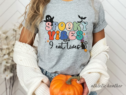 Spooky Vibes & 9 Cat Lives Tshirt | Funny Halloween Tshirt | Spooky Vibes Only Shirt | Halloween Women's Shirt | Fall Shirt Halloween Party