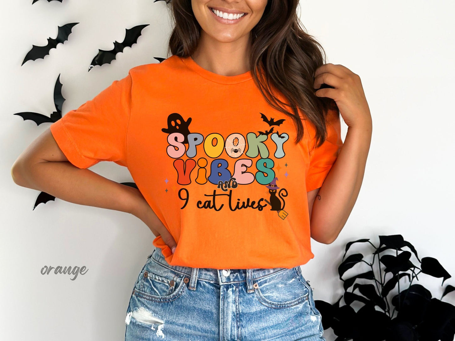 Spooky Vibes & 9 Cat Lives Tshirt | Funny Halloween Tshirt | Spooky Vibes Only Shirt | Halloween Women's Shirt | Fall Shirt Halloween Party