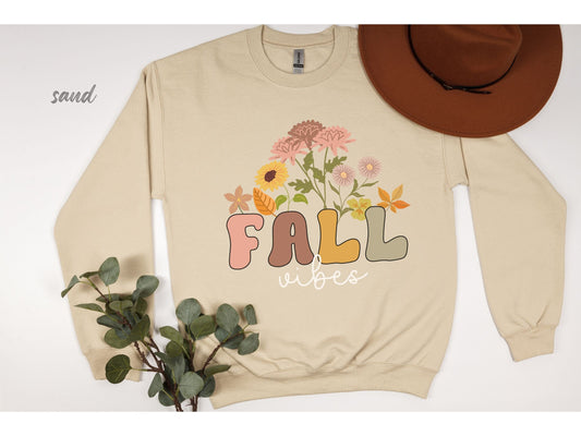 Fall Vibes Sweatshirt | Fall Vibes Shirt for Women | Retro Fall Vibes | Autumn Sweatshirt | Cute Fall Sweatshirt for Women Floral Fall Shirt