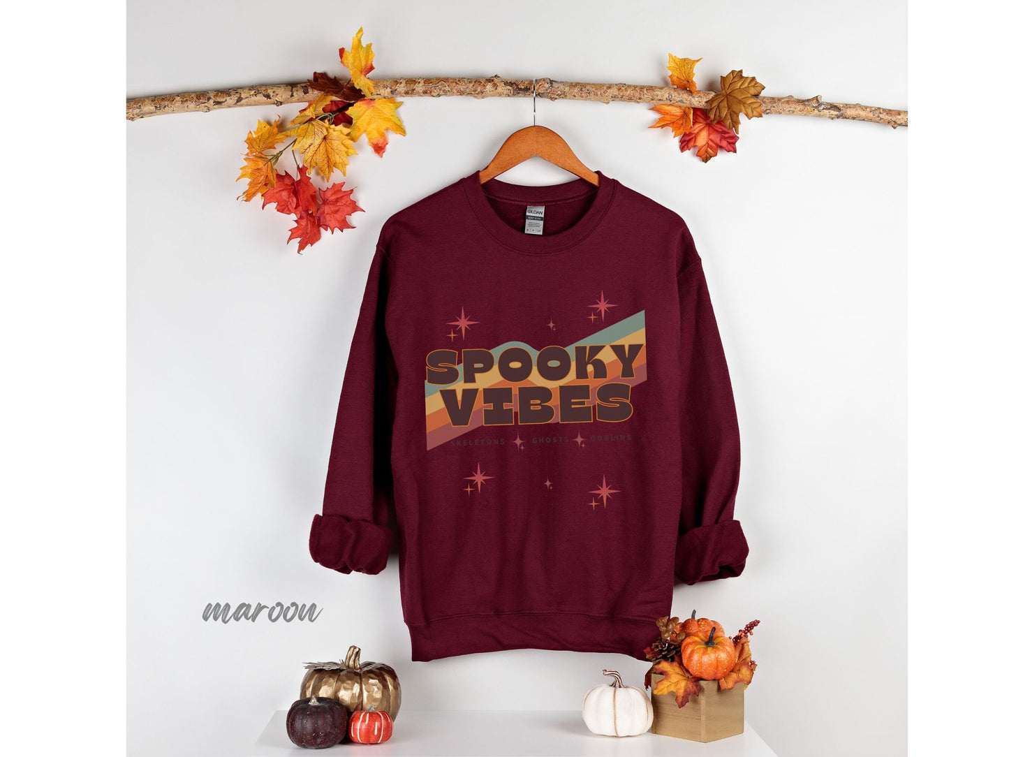 Spooky Vibes Sweatshirt | Cute Fall Sweatshirt for Women | Retro Groovy Sweatshirt Halloween | Ghosts Goblins Skeletons Spooky Season Shirt