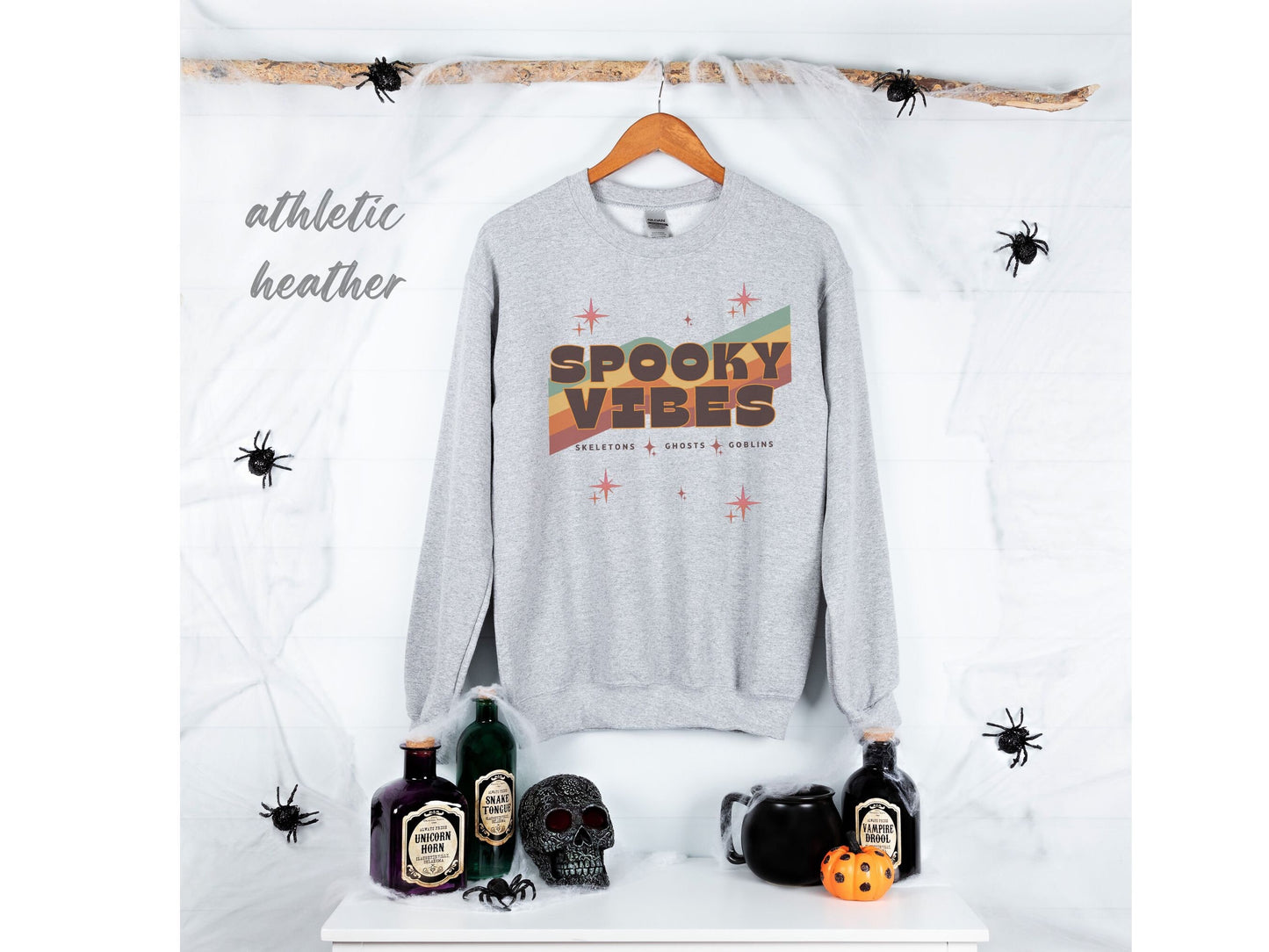 Spooky Vibes Sweatshirt | Cute Fall Sweatshirt for Women | Retro Groovy Sweatshirt Halloween | Ghosts Goblins Skeletons Spooky Season Shirt