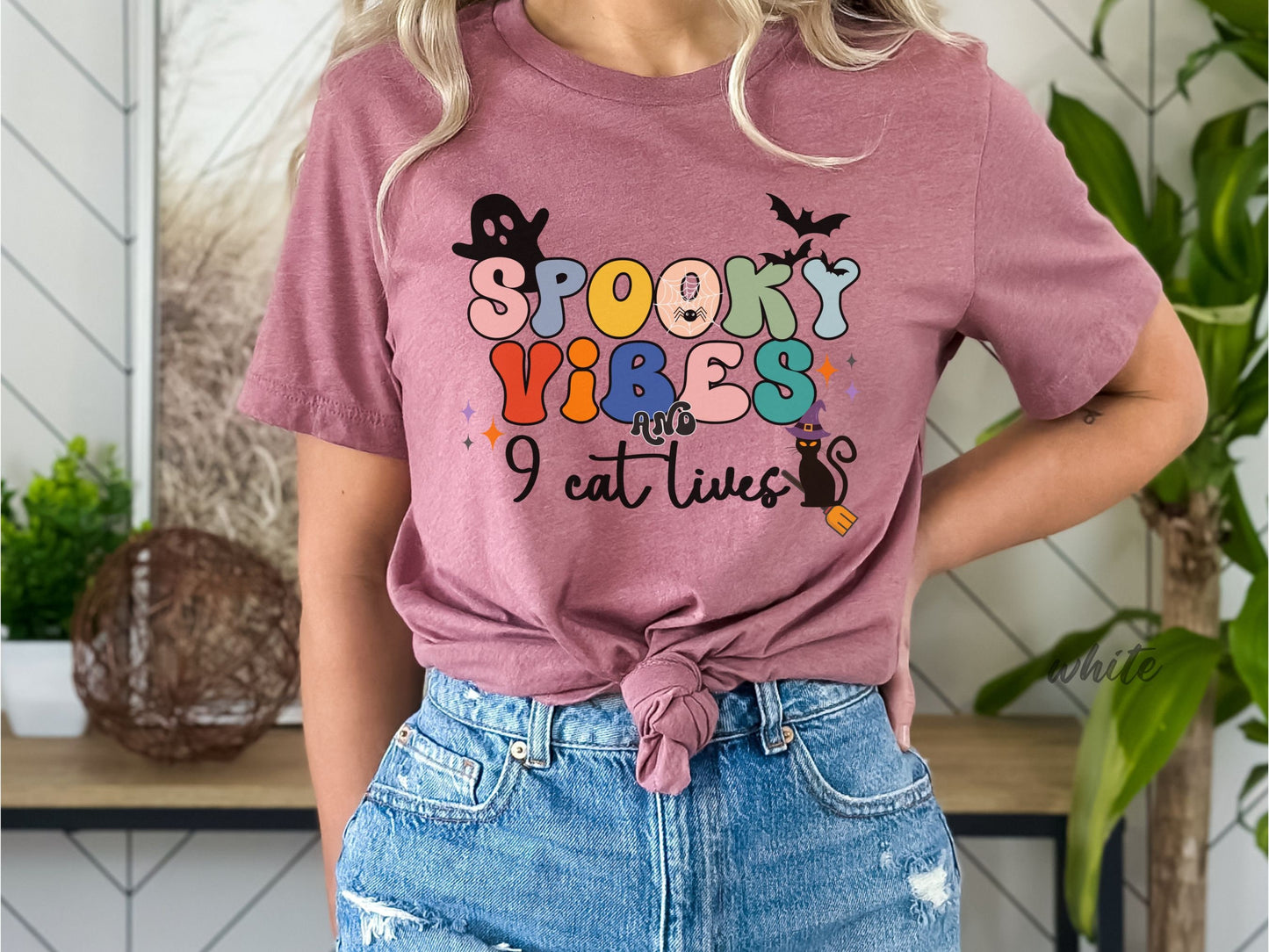 Spooky Vibes & 9 Cat Lives Tshirt | Funny Halloween Tshirt | Spooky Vibes Only Shirt | Halloween Women's Shirt | Fall Shirt Halloween Party