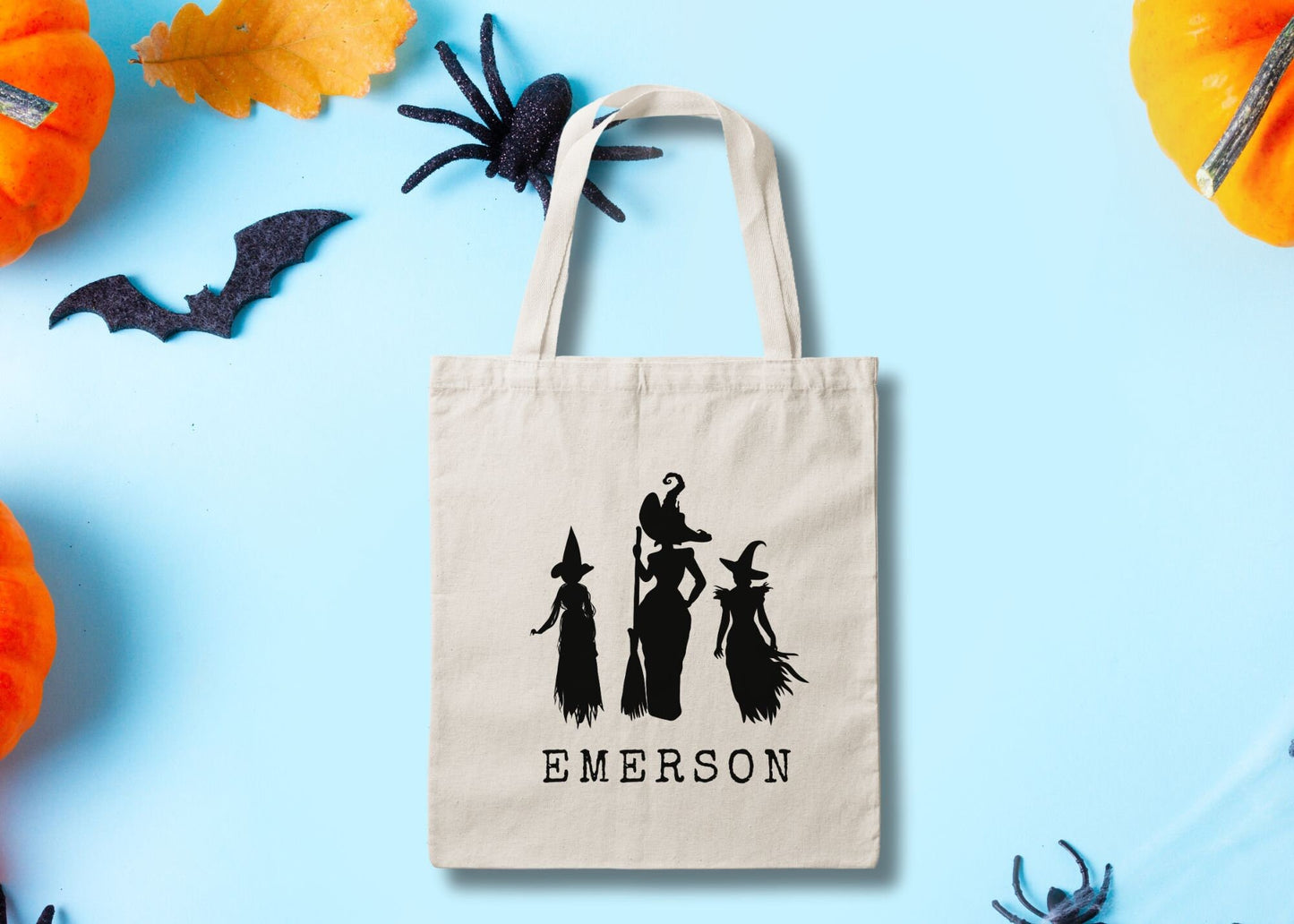 Witches Personalized Halloween Trick or Treat Canvas Tote Bag, Halloween Bags for Kids, Halloween Candy Tote Bags, Name Trick or Treat Bag