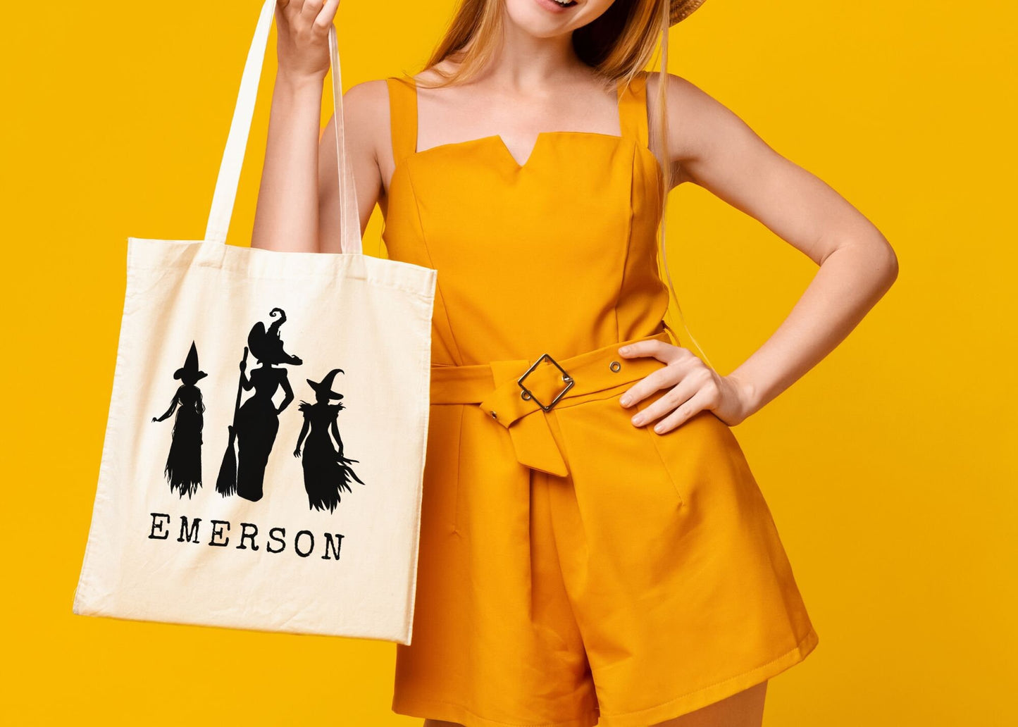 Witches Personalized Halloween Trick or Treat Canvas Tote Bag, Halloween Bags for Kids, Halloween Candy Tote Bags, Name Trick or Treat Bag