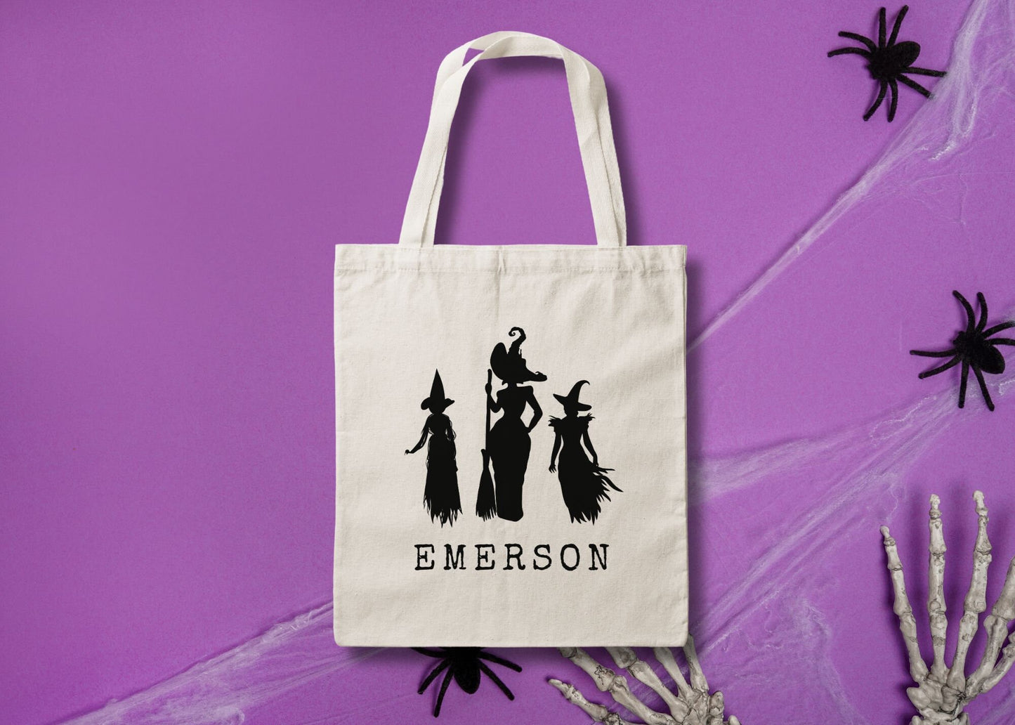 Witches Personalized Halloween Trick or Treat Canvas Tote Bag, Halloween Bags for Kids, Halloween Candy Tote Bags, Name Trick or Treat Bag