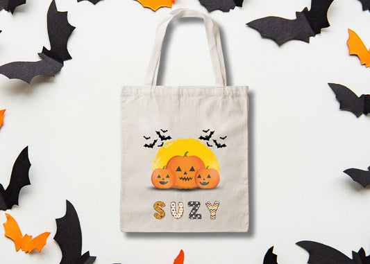 Pumpkin Personalized Halloween Trick or Treat Canvas Tote Bag