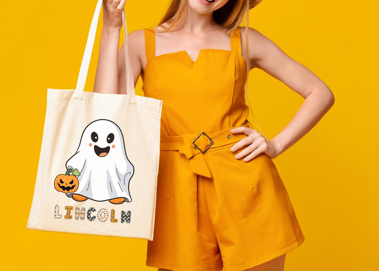 Halloween Ghost Personalized Trick or Treat Canvas Tote Bag, Ghost Custom Trick or Treat Bag, Halloween Bags for Kids Gift, Candy Bags